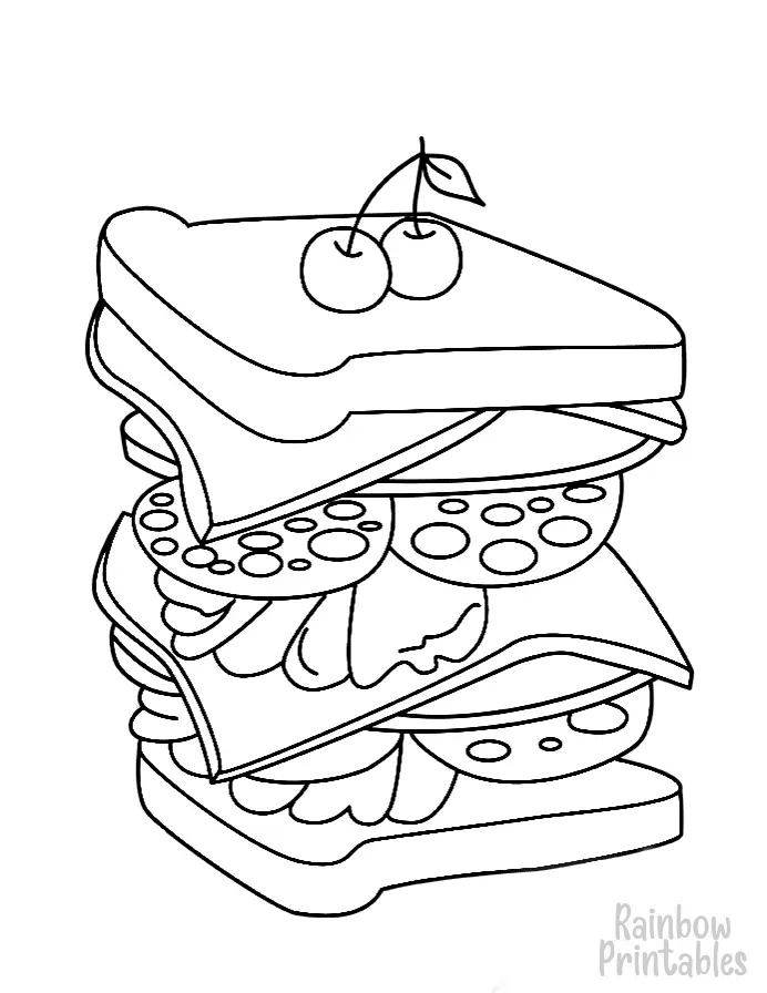 Sandwhich COld Cuts and Cheese Cherry on TOp Clipart Coloring Pages Line Art Drawings for Kids-01