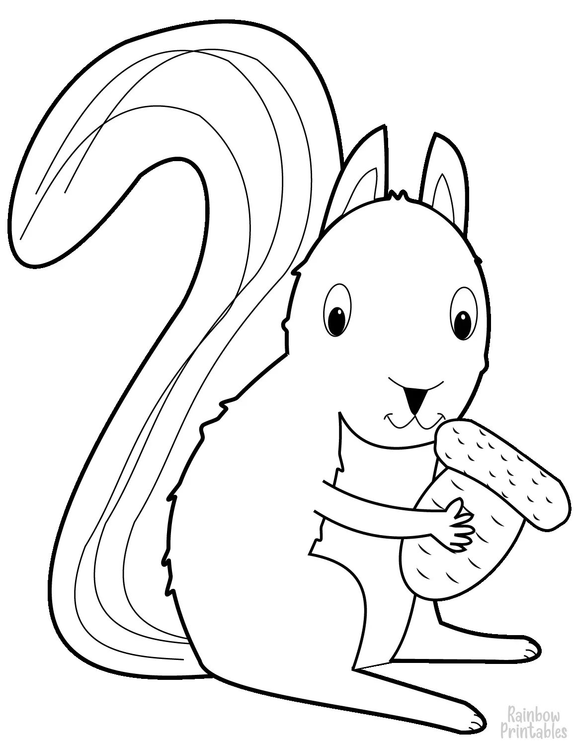 SIMPLE-EASY-line-drawings-SQUIRREL ACORN-coloring-page-for-kids