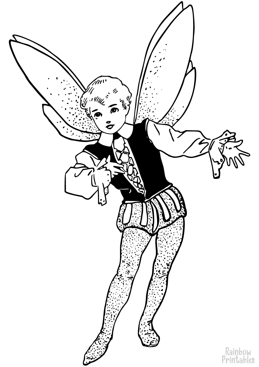 Vintage Cute Christmas Xmas Boy Fairy Line Drawing Coloring Page Activity for Kids