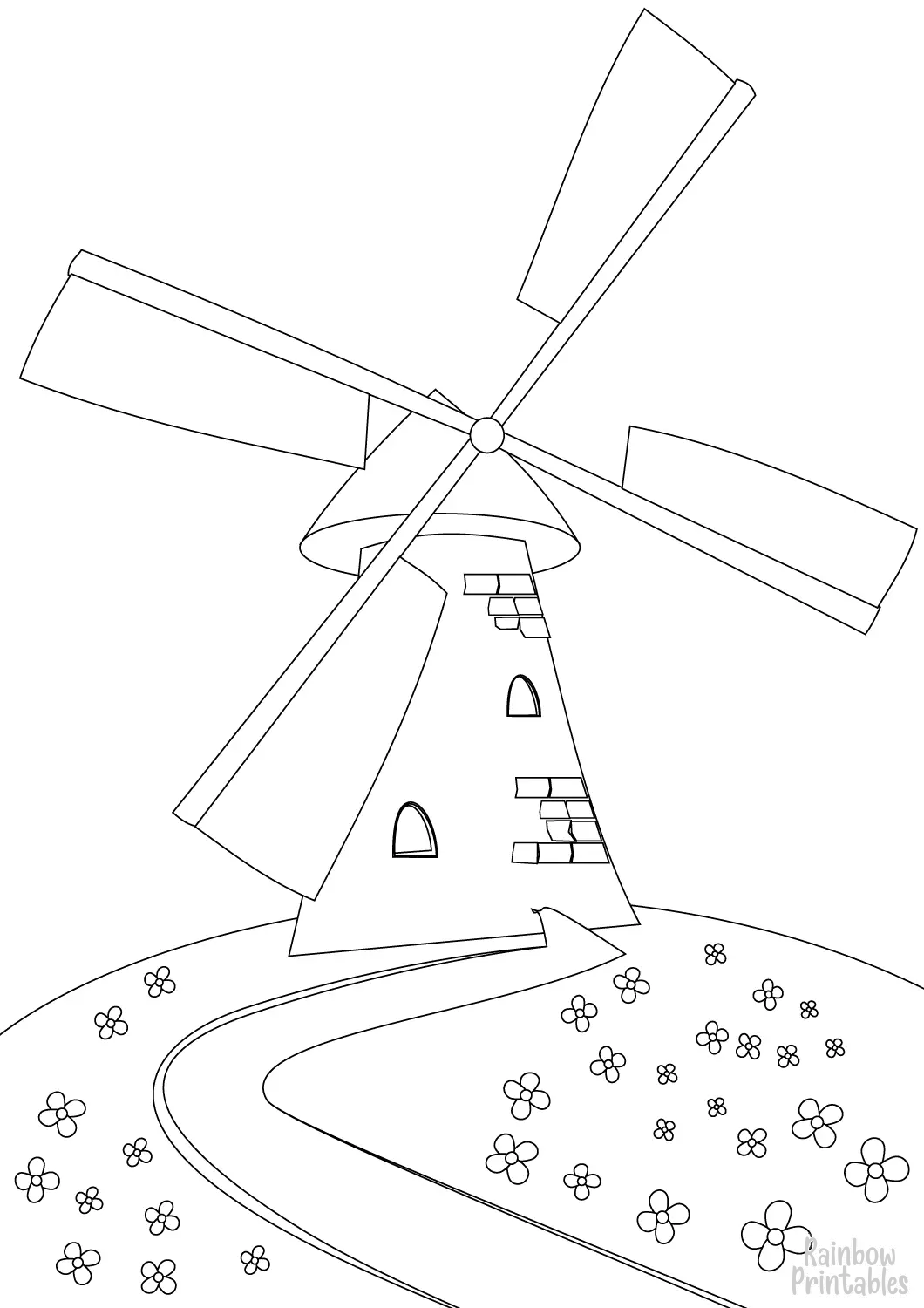 Simple Easy Line Drawing For Kids Tower Mill Windmill on a Hill Coloring Page for Children