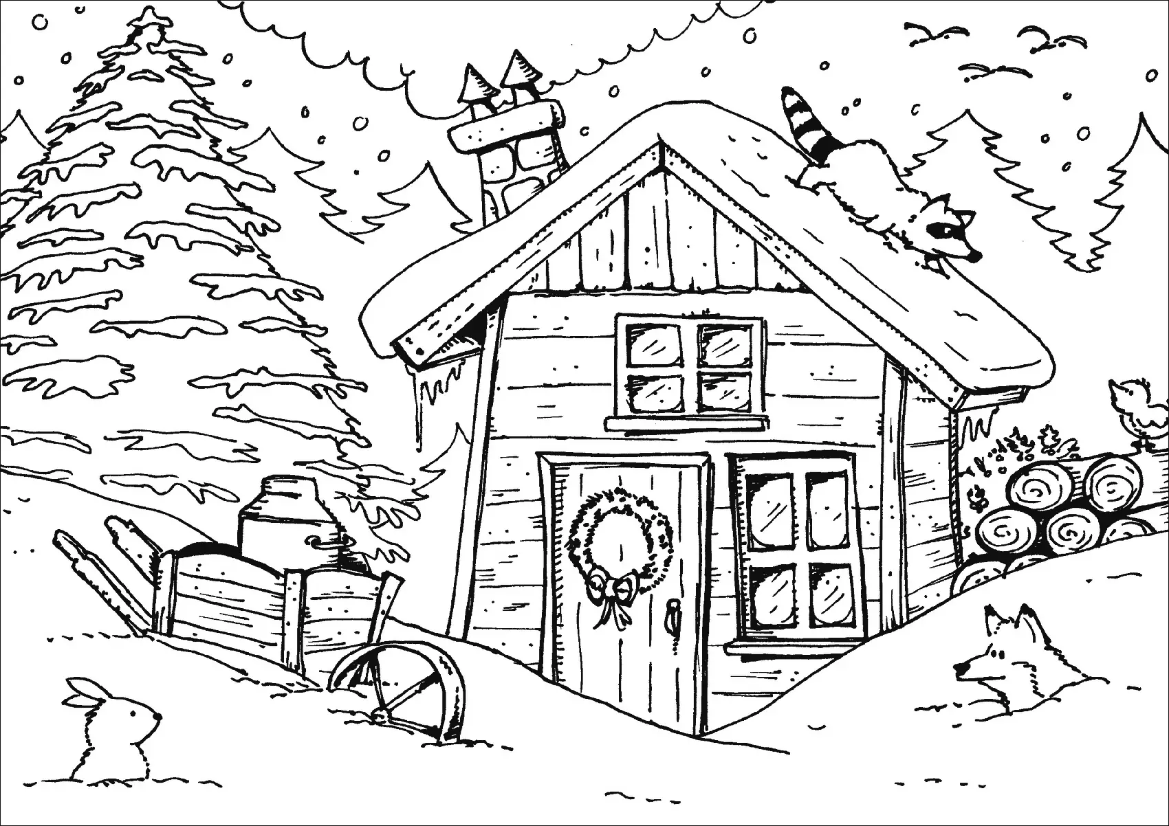WINTER HUT LODGE CABINS Coloring Pages for Kids Adults Art Activities Line Art