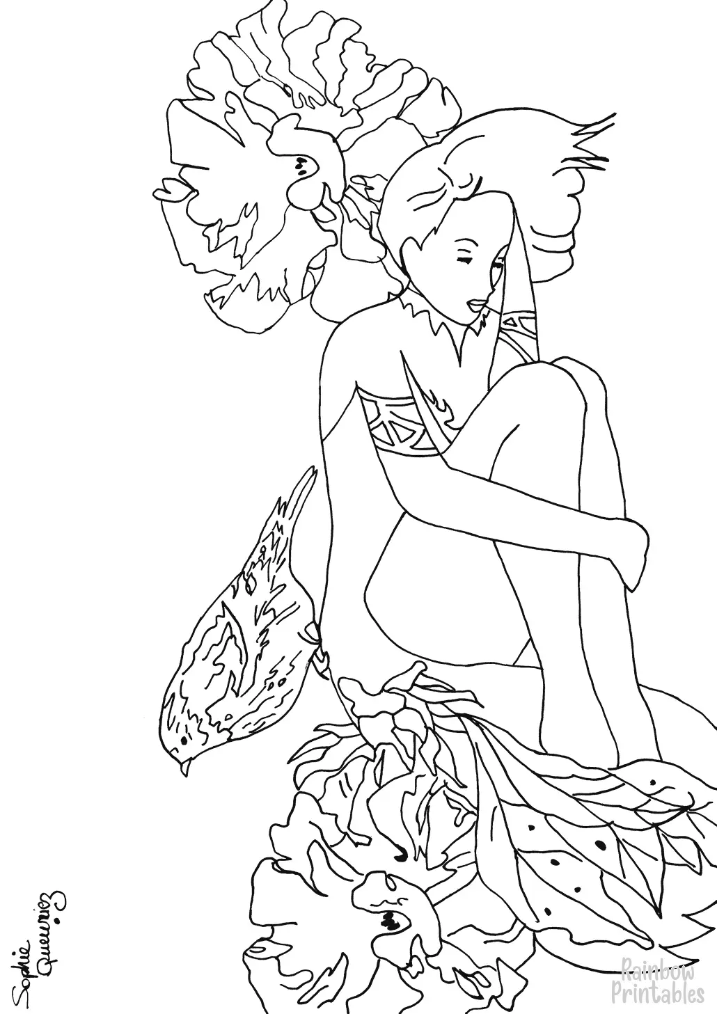 WOMAN WITH BIRD FLOWERS Girl Free Clipart Coloring Pages for Kids Adults Art Activities Line Art