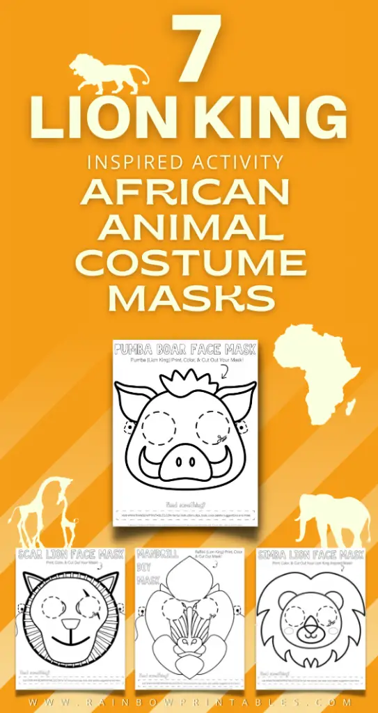 Are you looking for an easy Lion King activity for your kids? Bring these cute DISNEY-inspired characters alive with these cute DIY coloring and cut out masks. See the fan favorites of Lion Kings cast: Timon, Pumba, Scar, Raffikii, Hyenas, Sarabi/Nala, Simba. Find other African animals, quotes, idea prompts to cosplay with kids. Perfect for children's themed birthday party and Lion King shower events. Lion King coloring pages; free download #Printable #ActivitiesforKids #CraftIdeas #CraftforKids