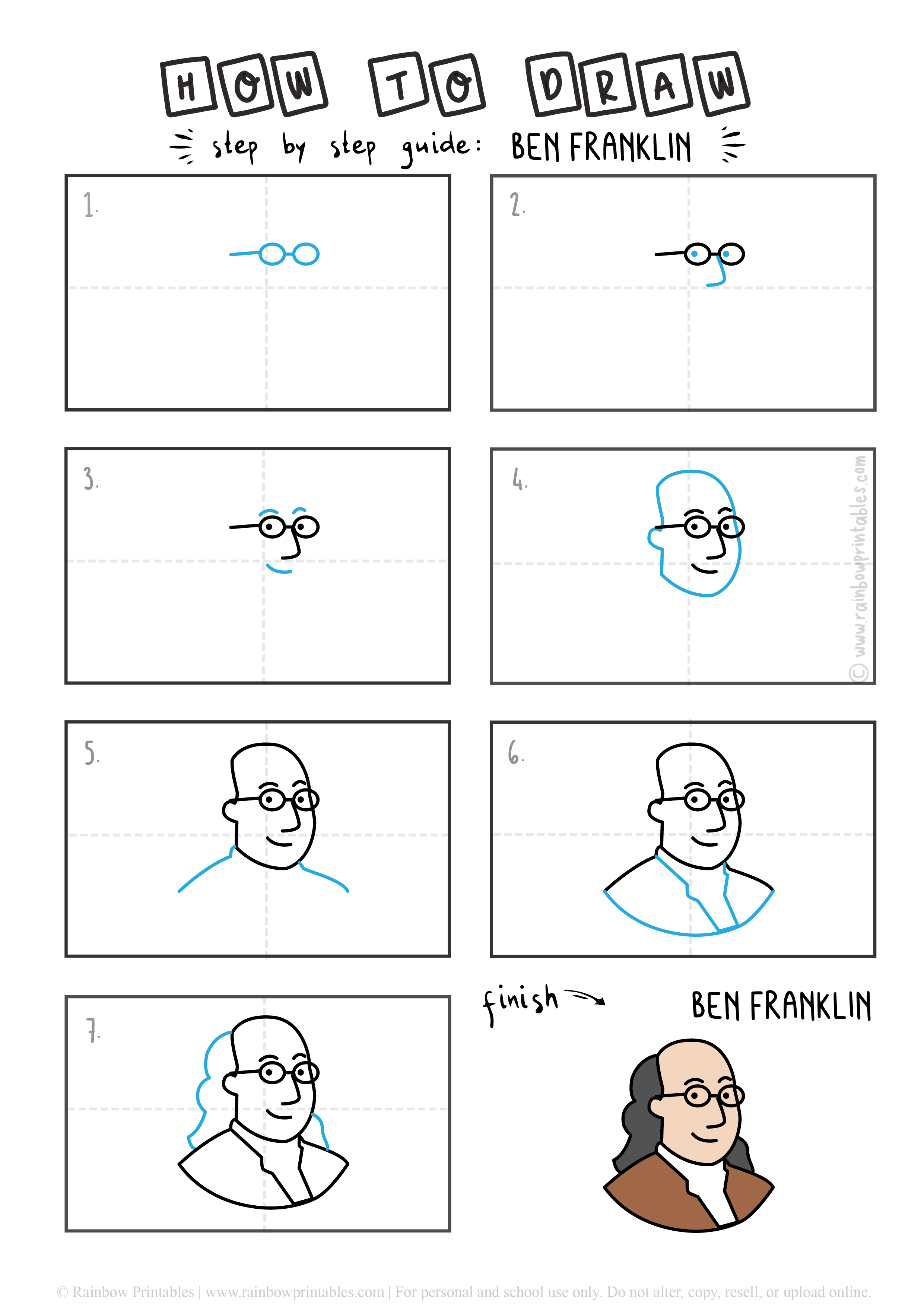 How To Draw Ben Franklin (U.S. Founding Father) Step By Step for Kids