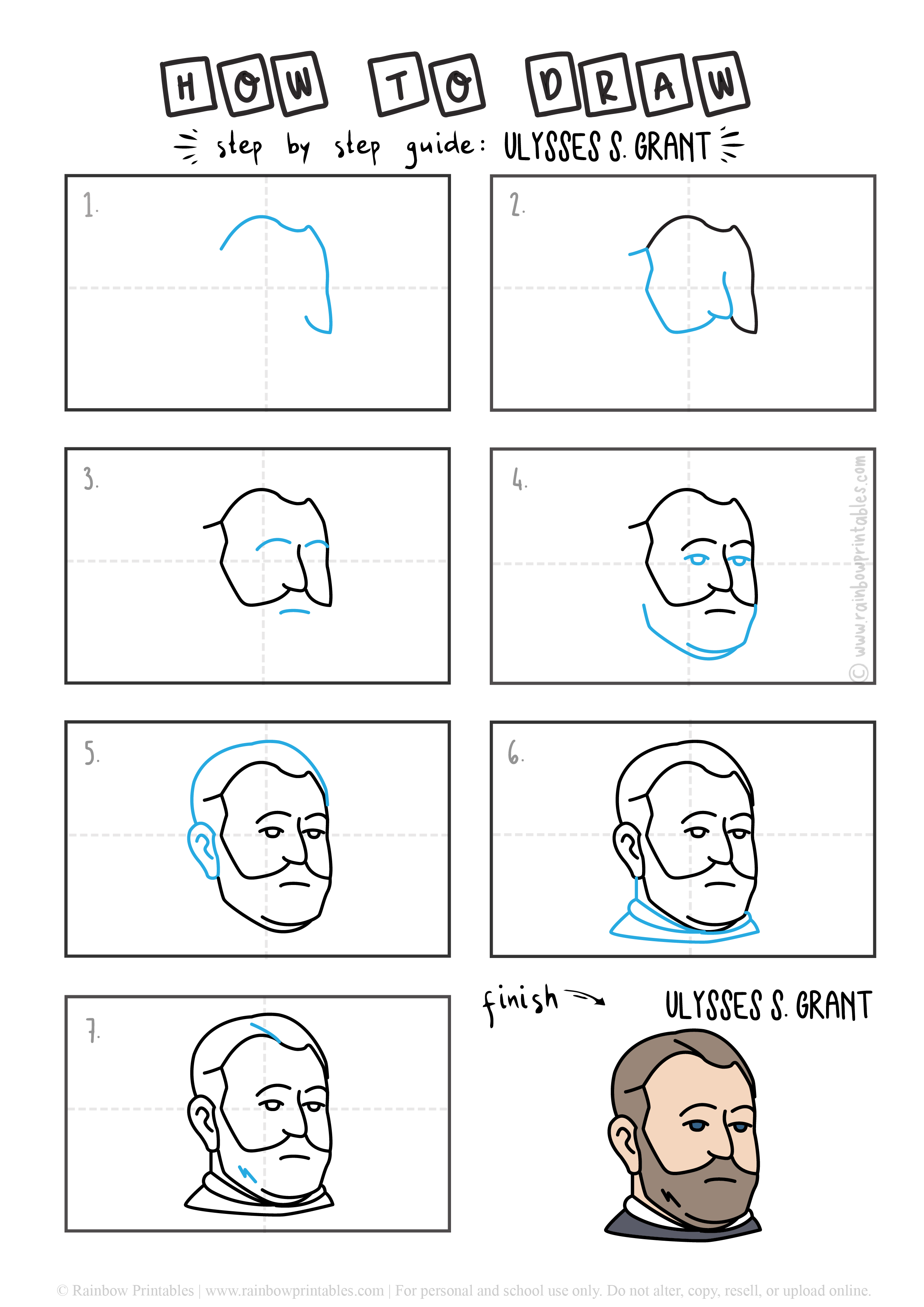 How To Draw 18th American President ULYSSES GRANT for Kids Rainbow