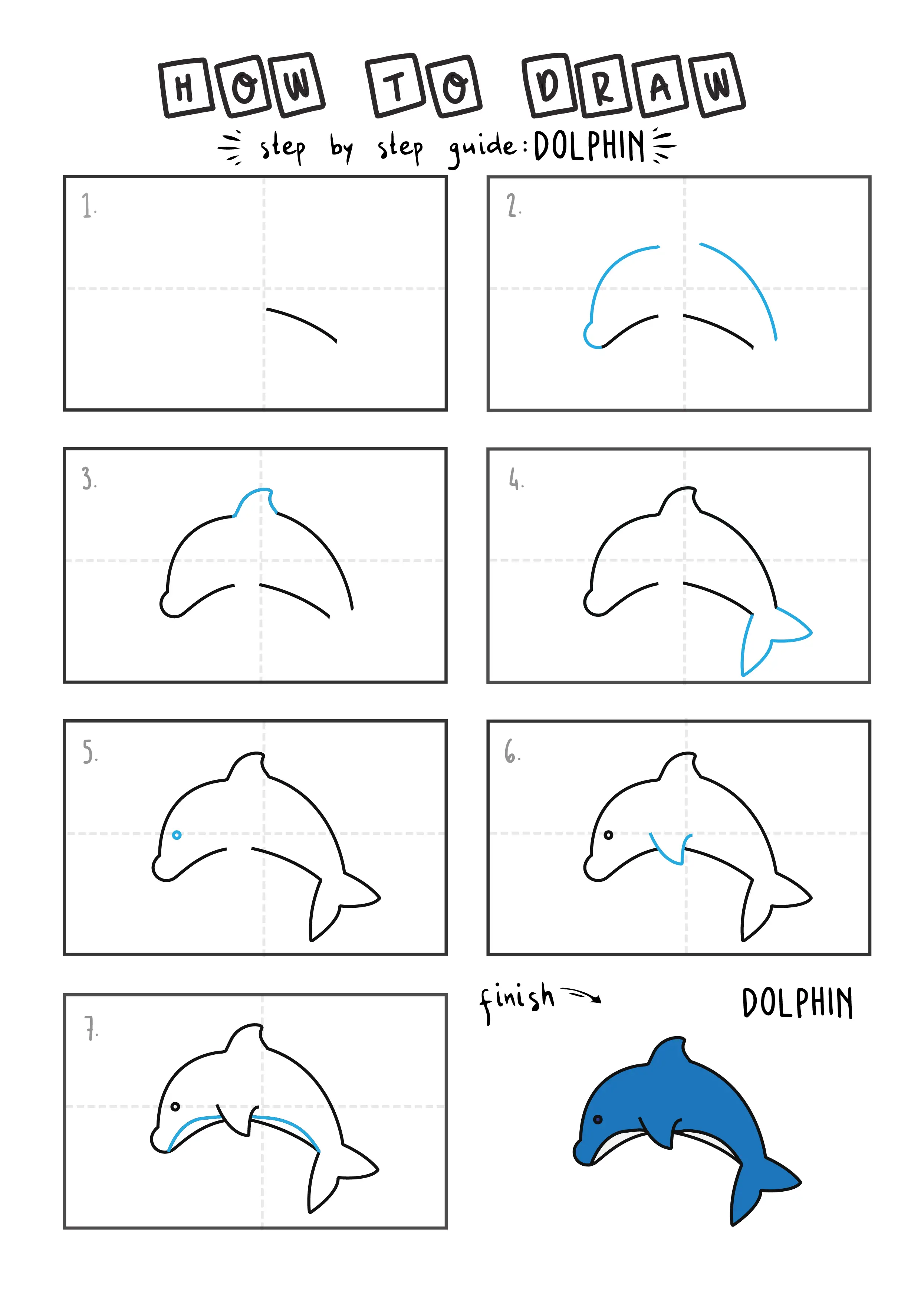 How To Draw EASY Dolphin Arts tutorial step by step for kids