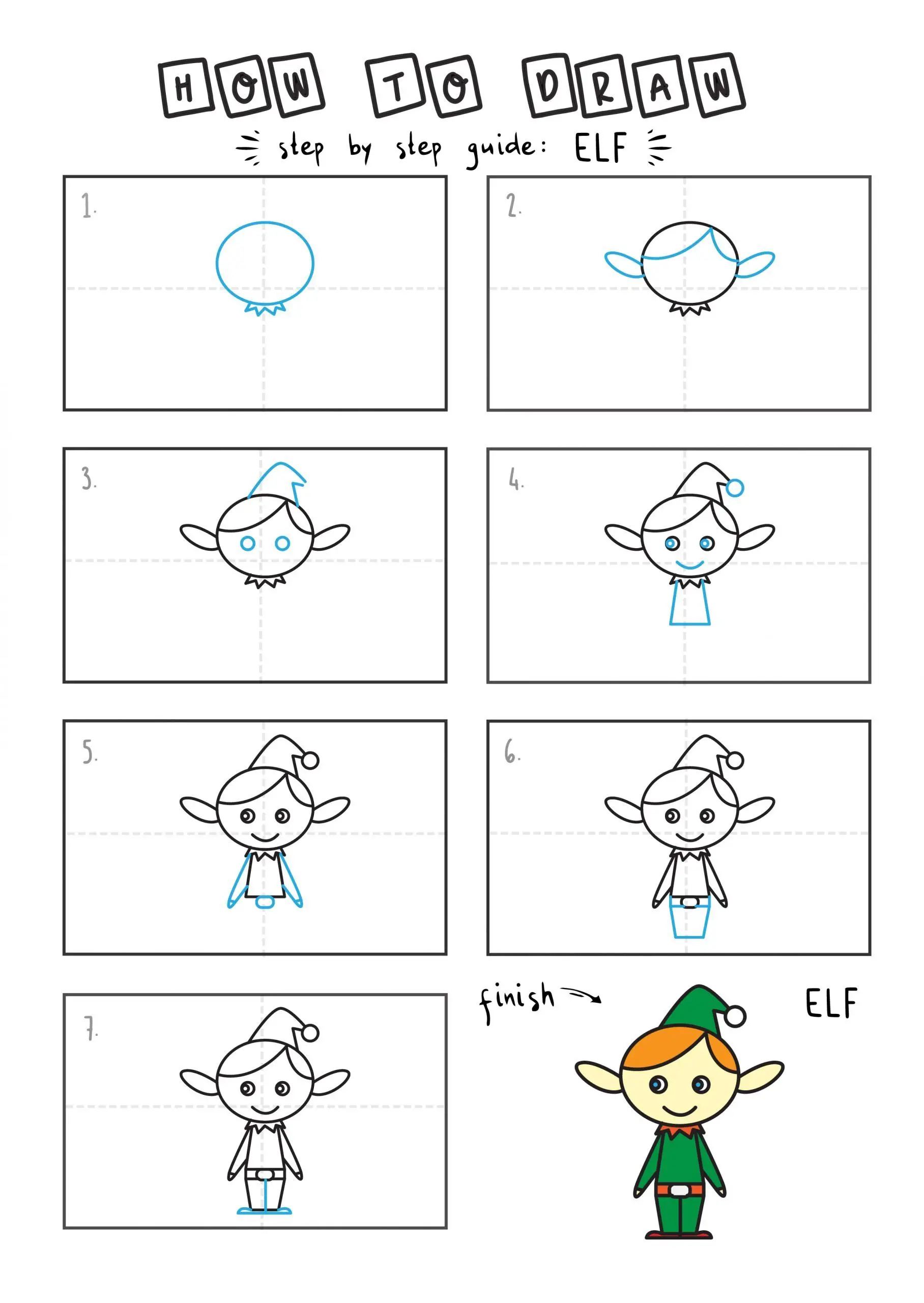 How To Draw Tutorials For Kids ELF ELVES XMAS CHRISTMAS HOLIDAY Step by step for kids easy simple guide