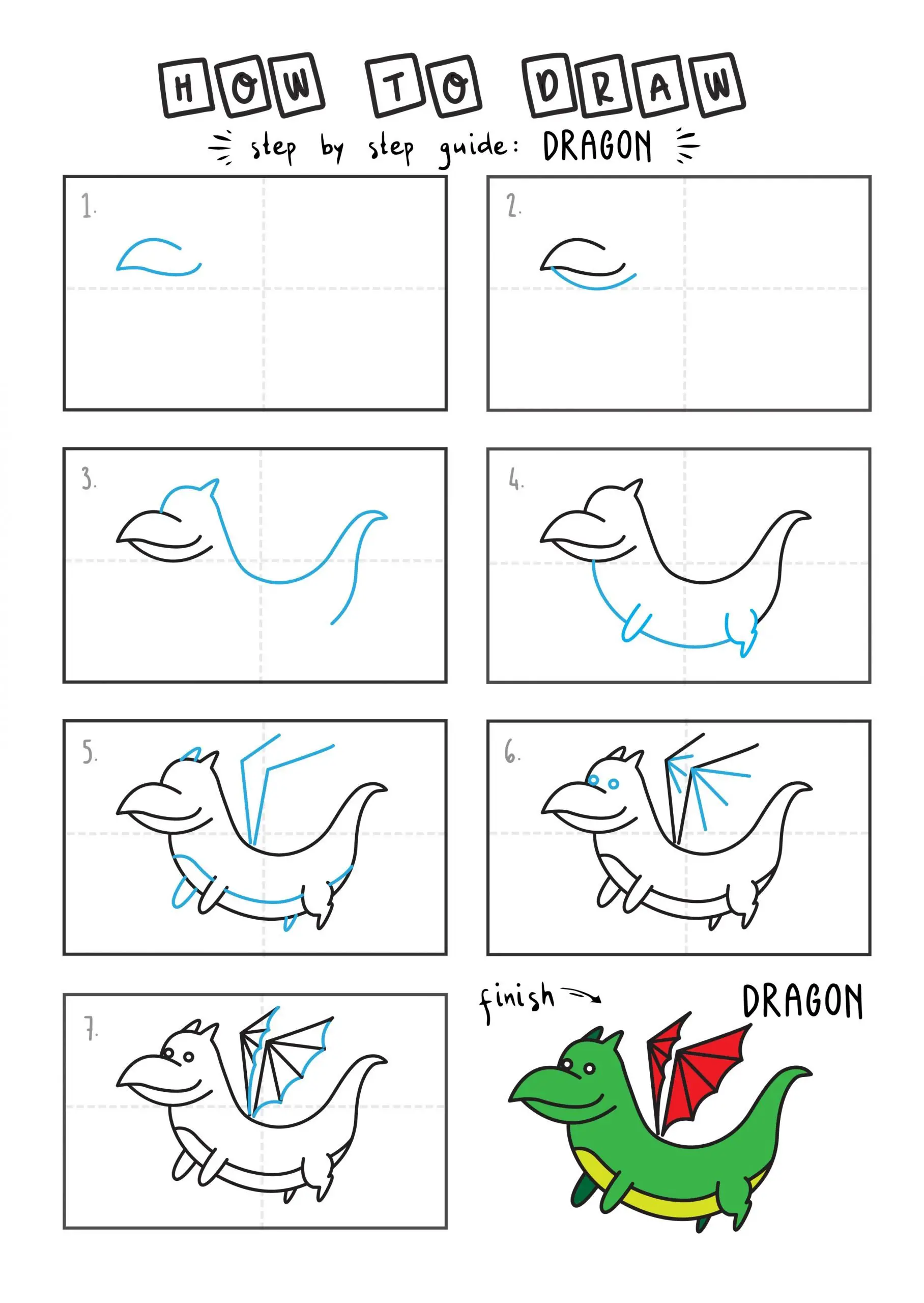How To Draw an Easy Cartoon Dragon Step By Step for Young Learners -  Rainbow Printables