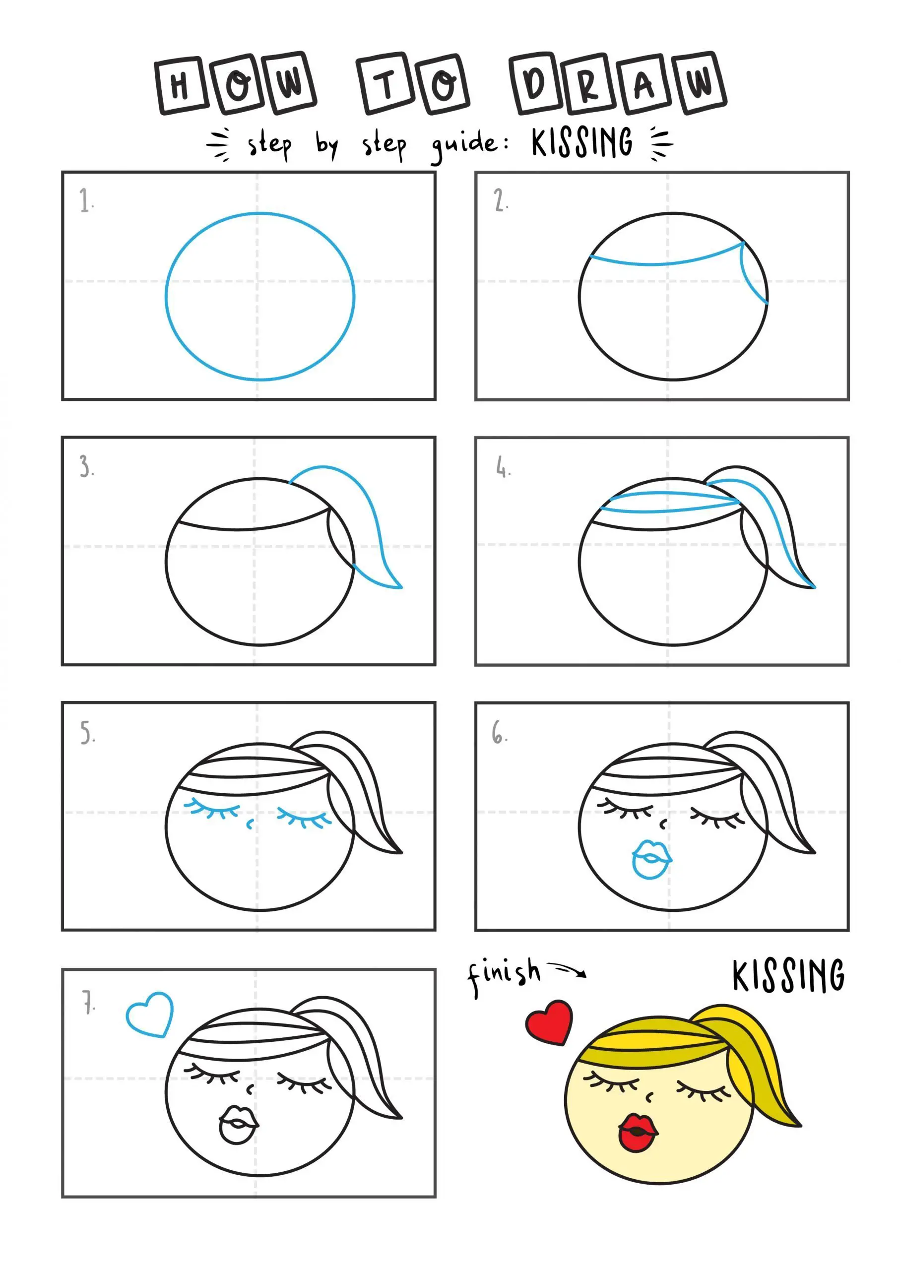 How to draw a kissing face arts tutorial step by step for kids