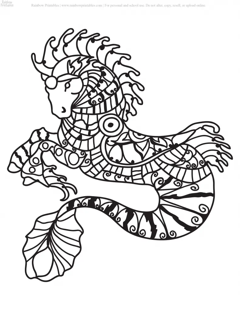 PONY MOASIC MANDALA SEA HORSE FANTASY COLORING PAGES FOR ADULTS GROWN UP PRINTABLE ACTIVITY