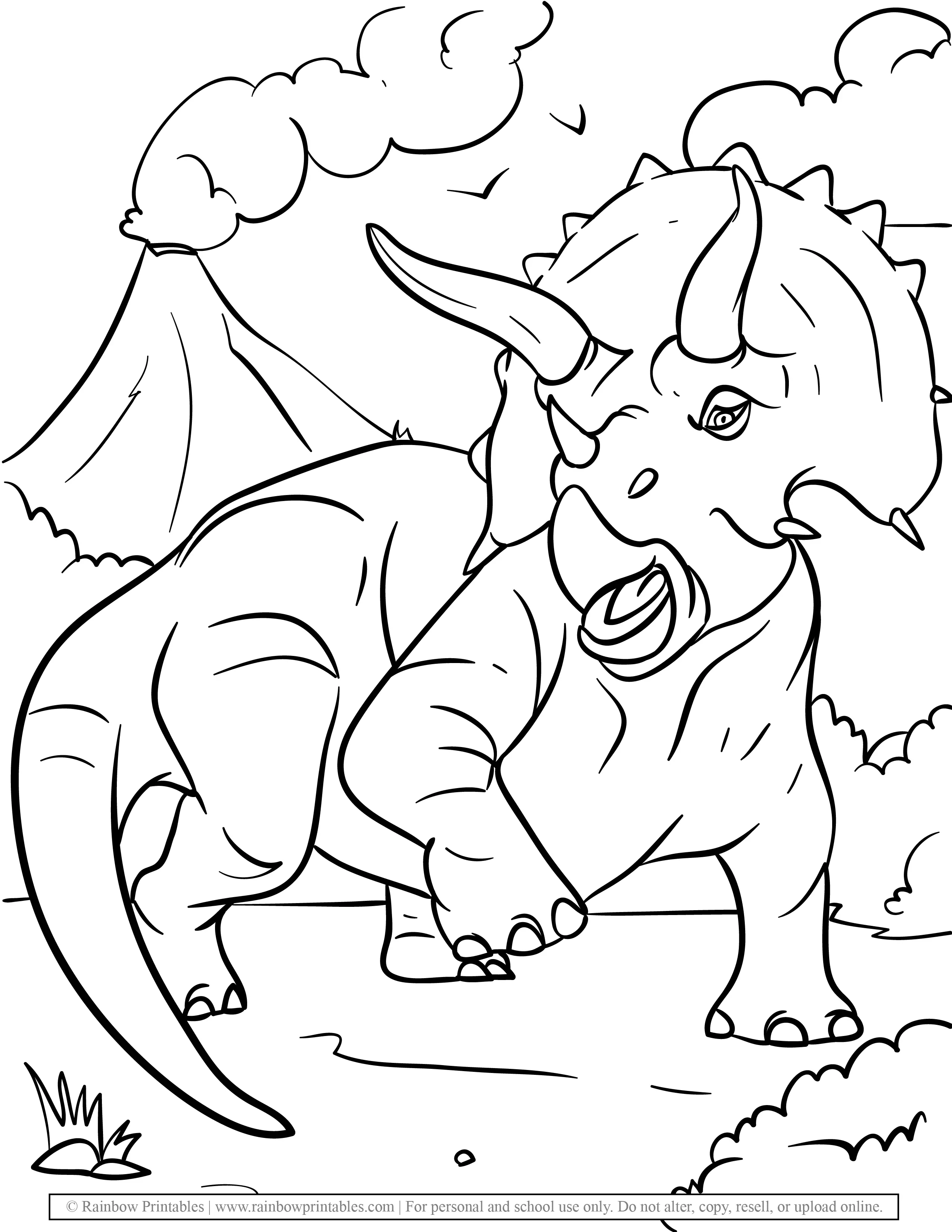 Animals Ceratopsian Dinosaur Smoking Volcano Landscape Extinct Animals Coloring Page for Kids