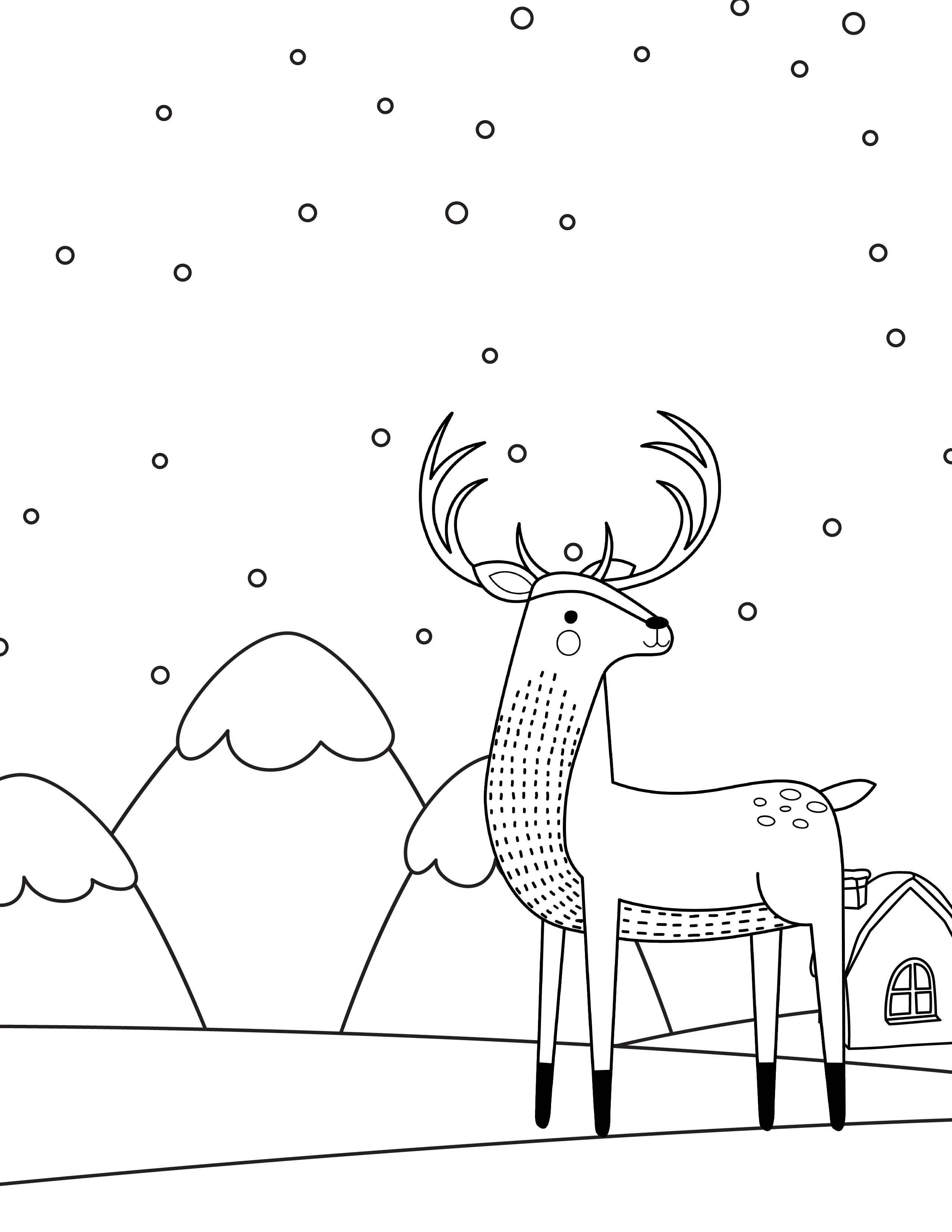 Artic Deer Coloring Pages for Kids Freebie Winter Christmas Moose Reindeer House on Hill Snowy Winter Mountains