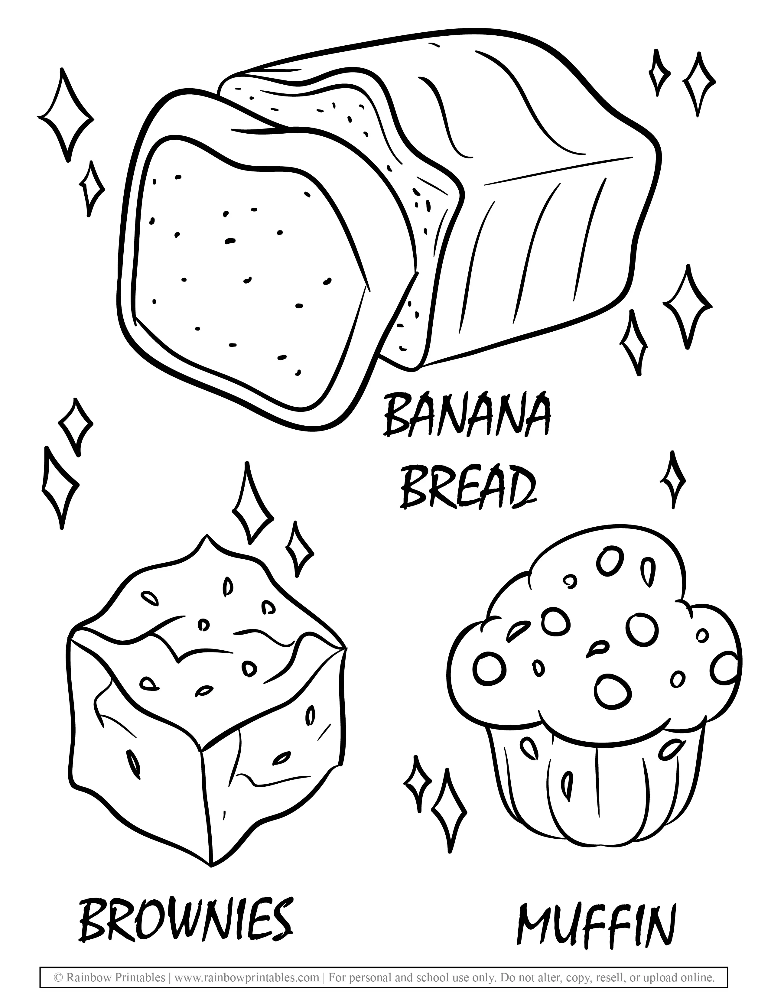 Breakfast Food Dessert BANANA BREAD BROWNIES MUFFINS Coloring Pages for Kids Delicious Yummy Foodie