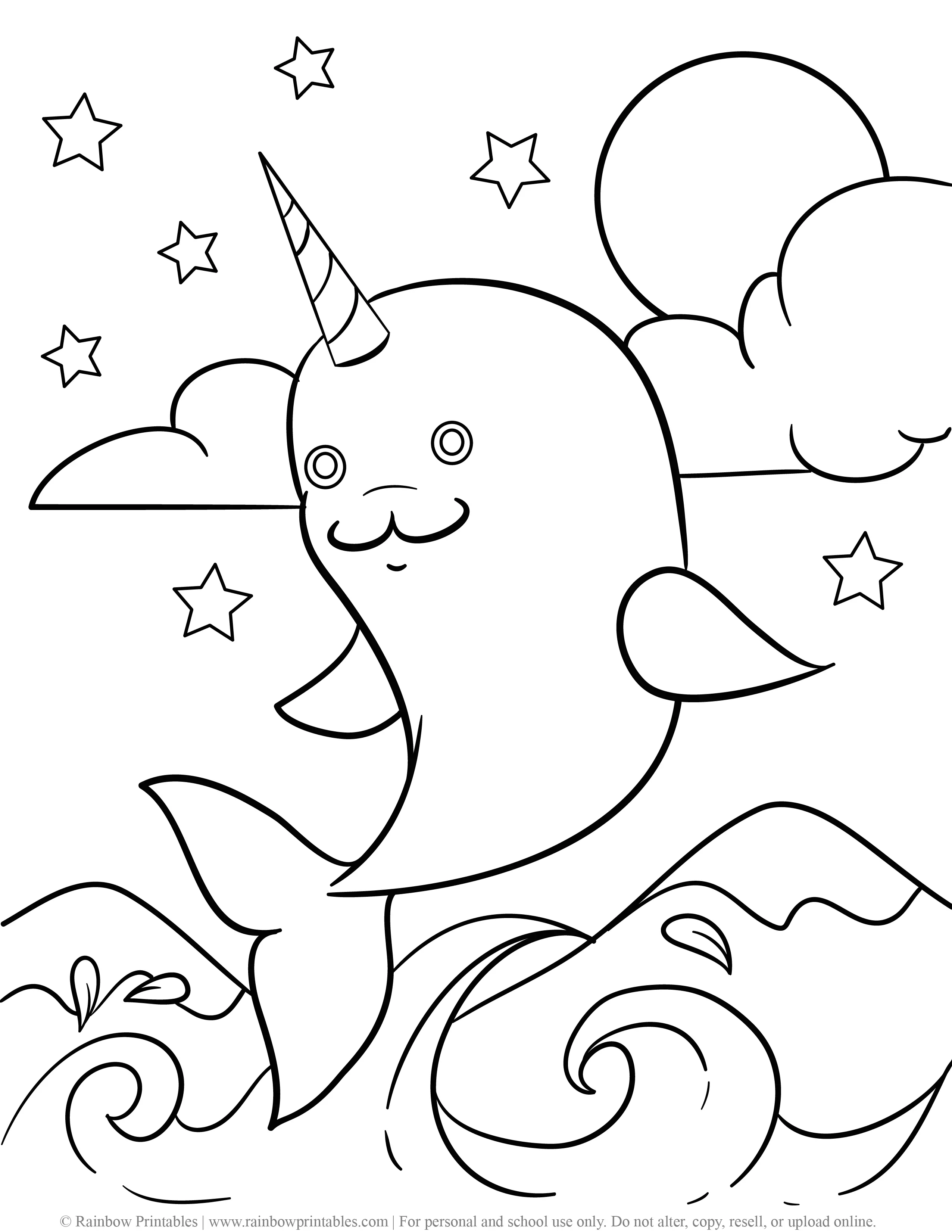 CUTE Narwhal DIVING OUT OF WATER Ocean Starry Night moon Coloring Pages for Children