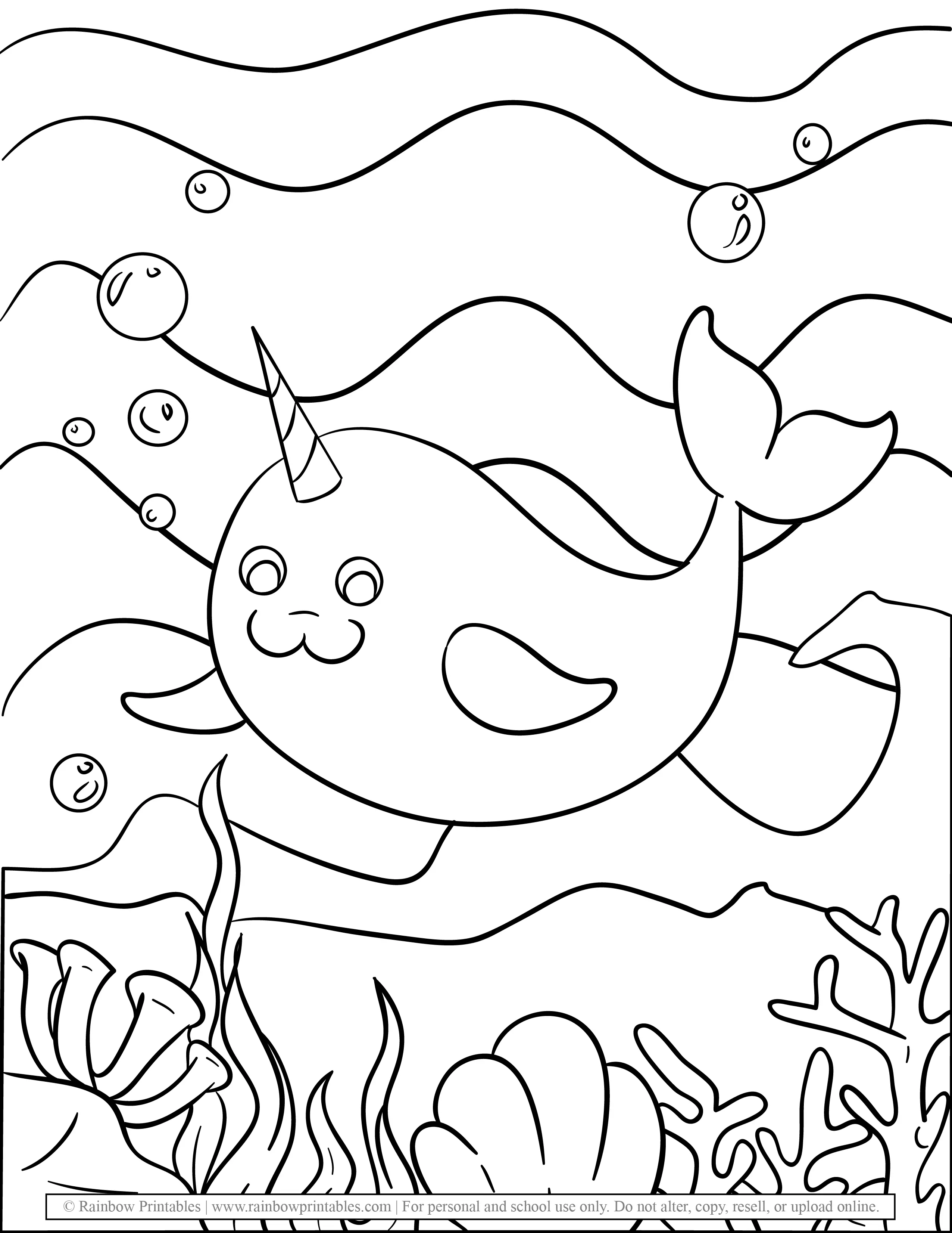 CUTE Narwhal UNDER SEA WATER in Ocean Swimming Kelp Coral Reef Coloring Pages for Children