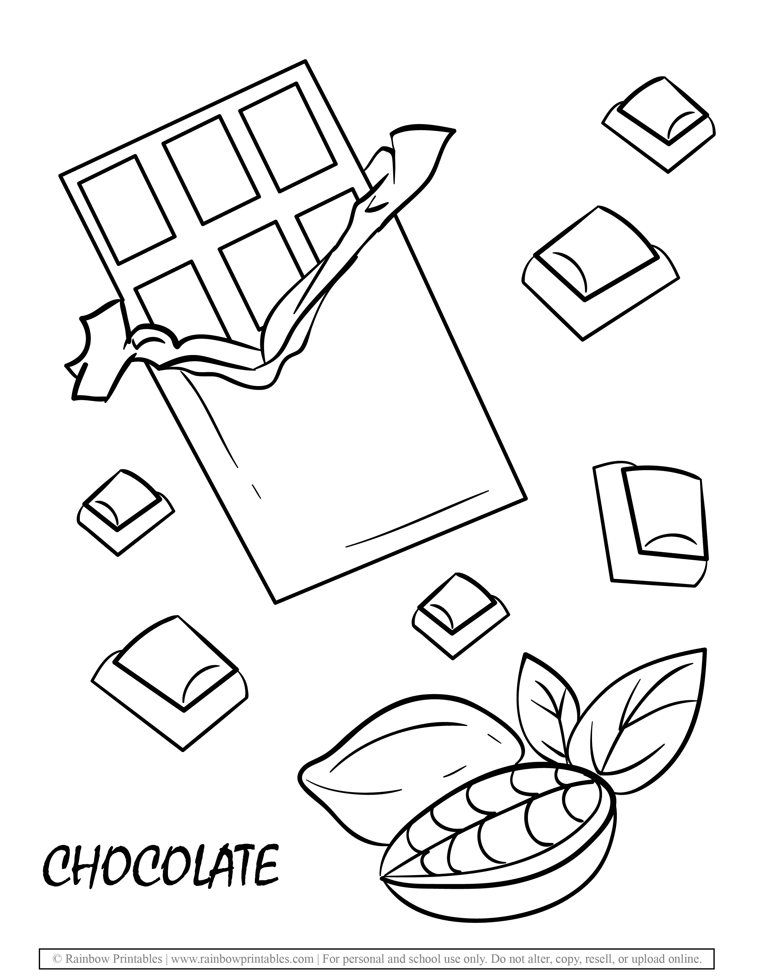 Chocolate bar cocoa bean coloring page for kids dessert