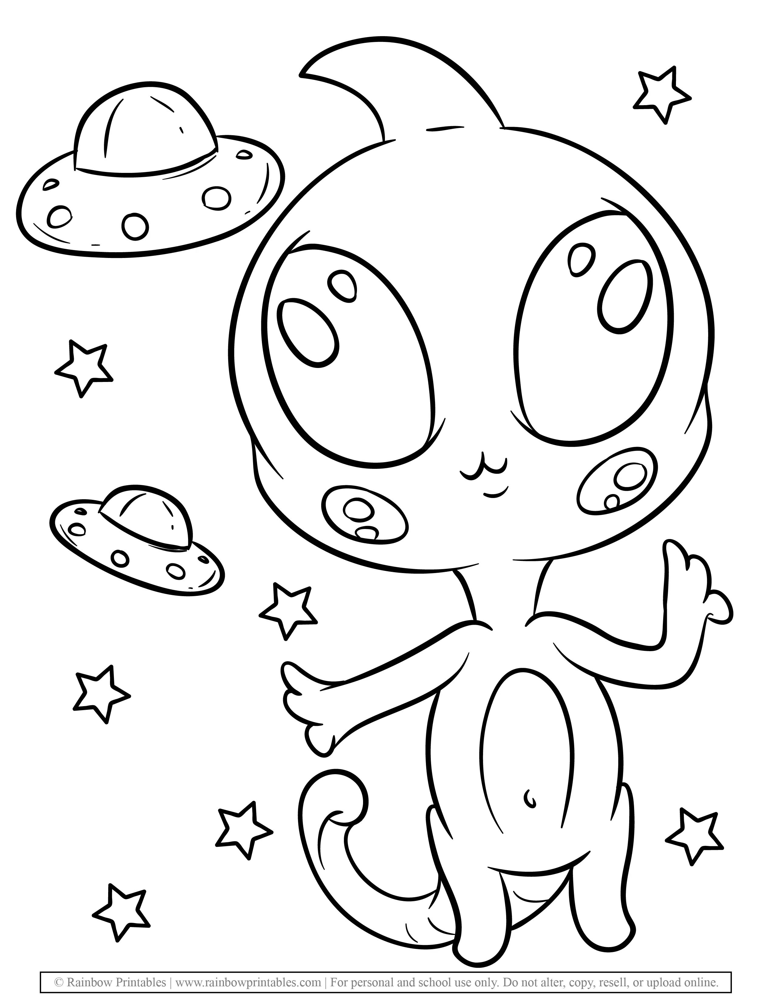 Cute Alien Astronaut Space UFO Smiling Dark Night Coloring Pages for Kids 2 Adorable