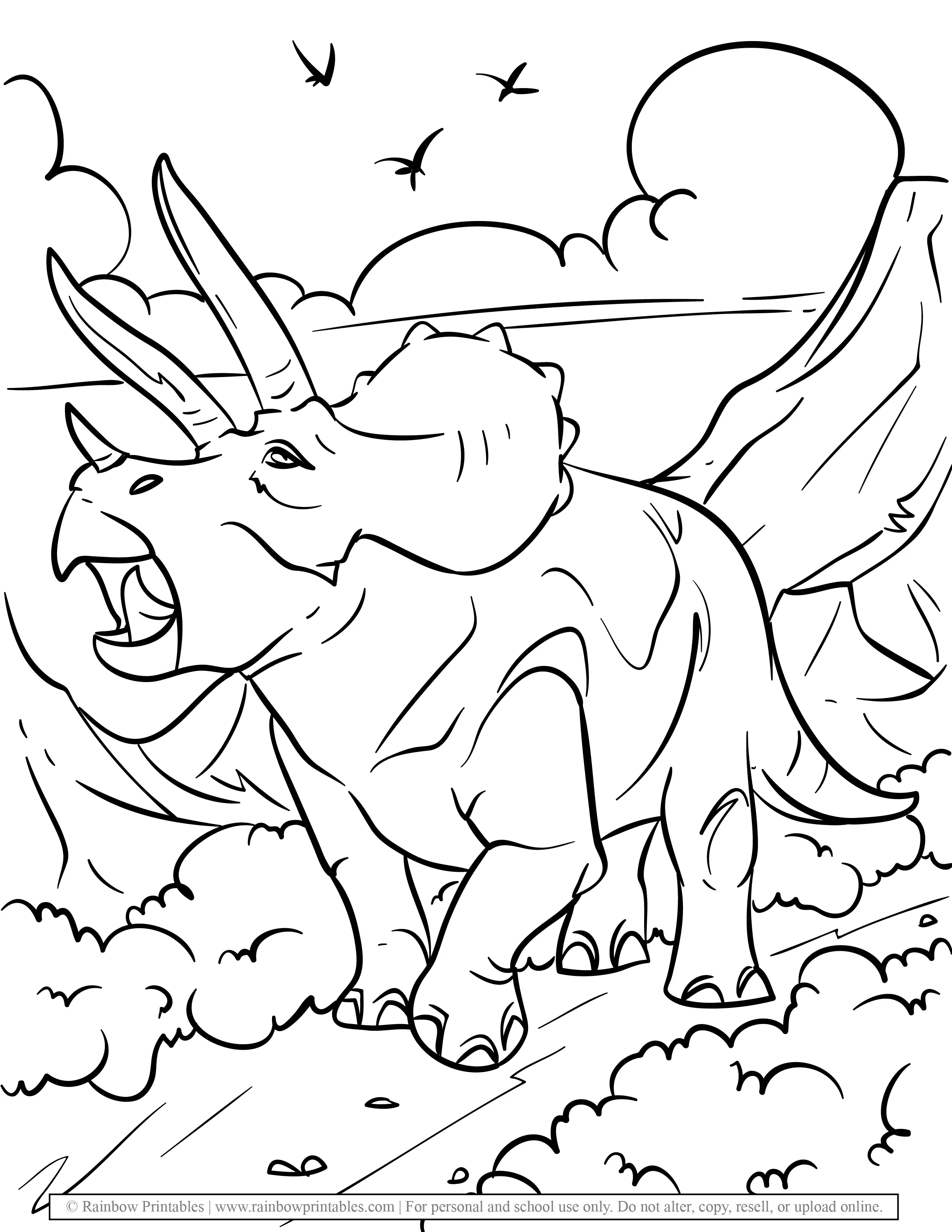 Cute Animals Ceratopsian Dinosaur Landscape Extinct Animals Coloring Page for Kids