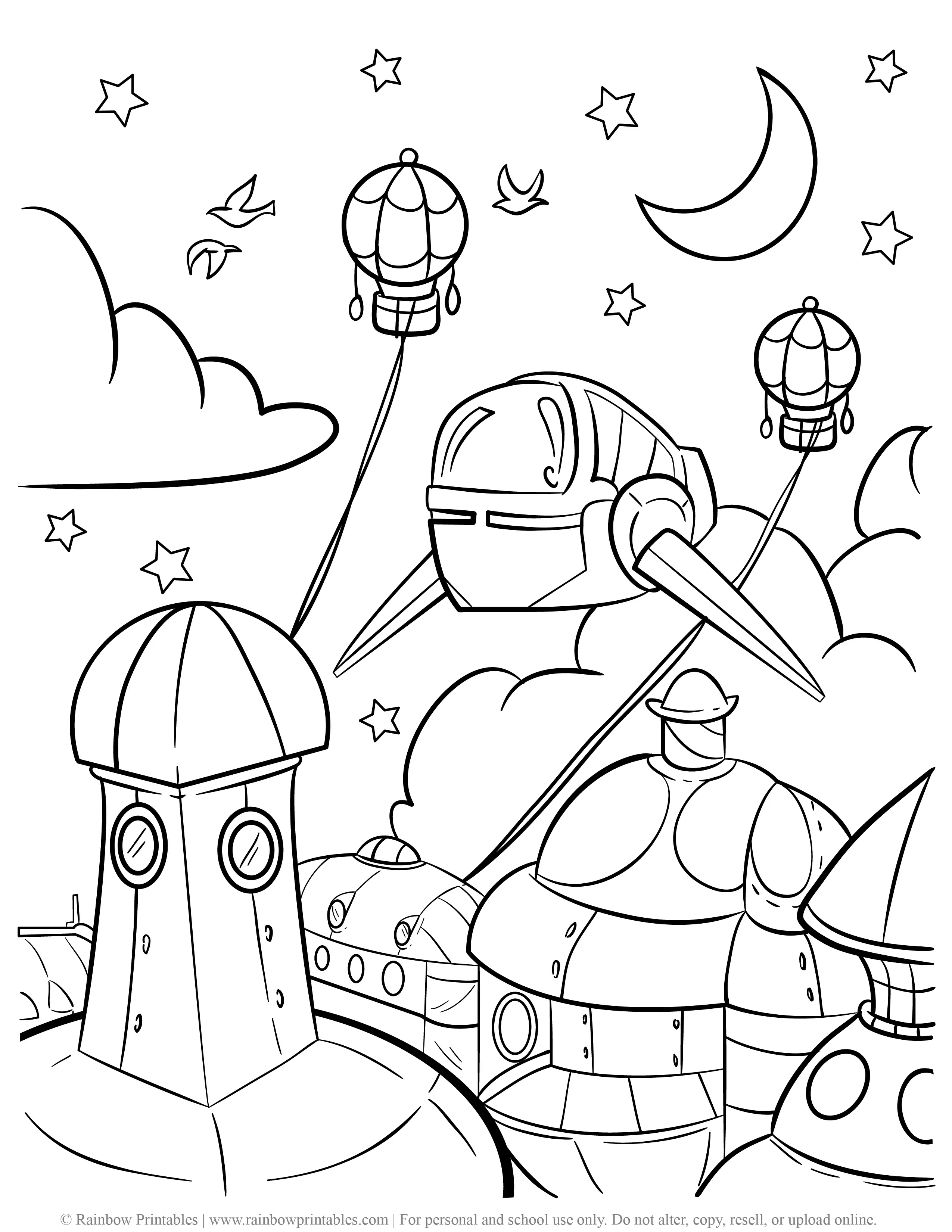 Cute Cartoon Steampunk Futuristic City Towers Blimps Spaceships Coloring Page for Kids Illustration