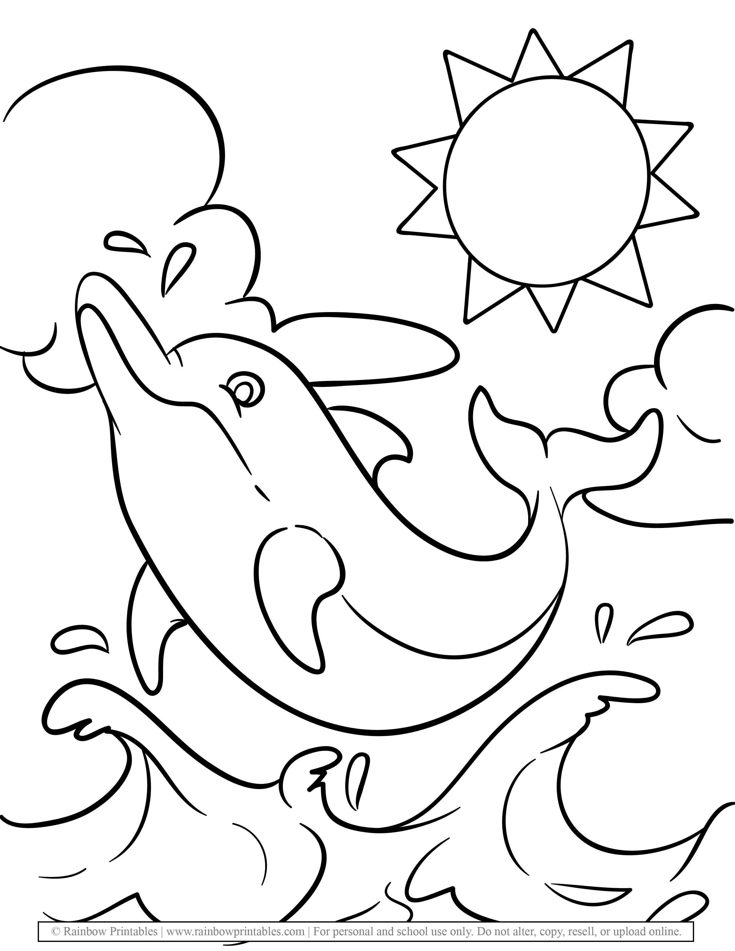 Cute Dolphin Diving Out of Water Ocean Sunny Day Flip flop Coloring Pages for Kids
