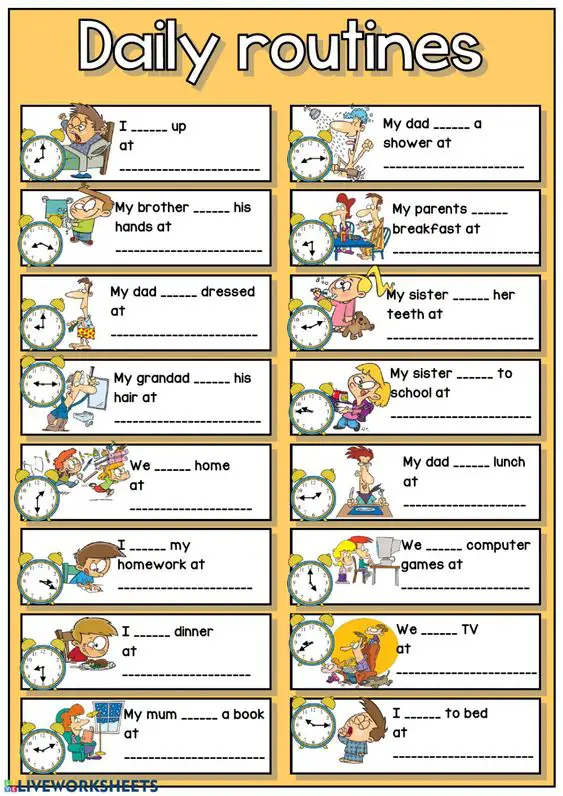 daily routine worksheet with time and vocabulary builders