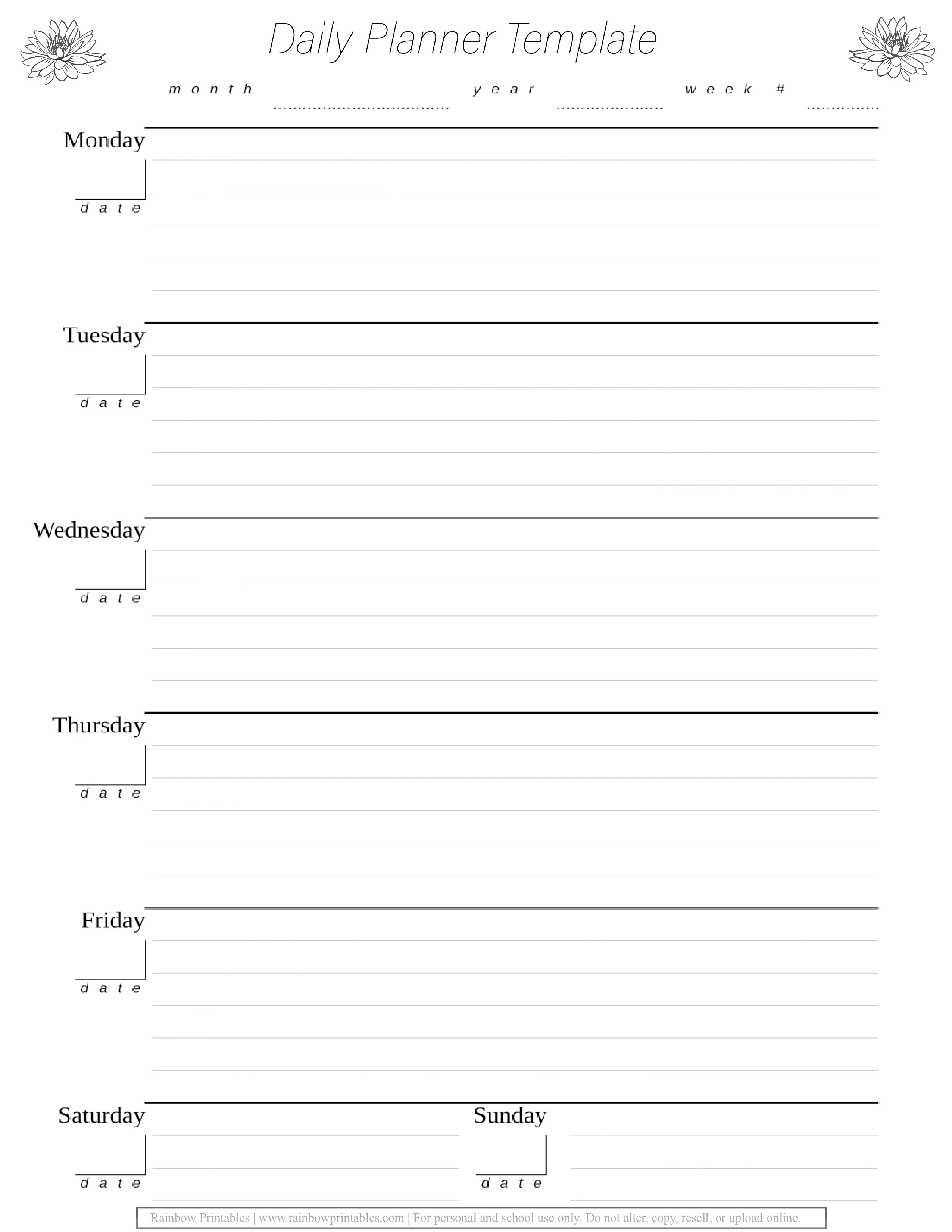 Diary-daily planner printable template Free page organization month date year