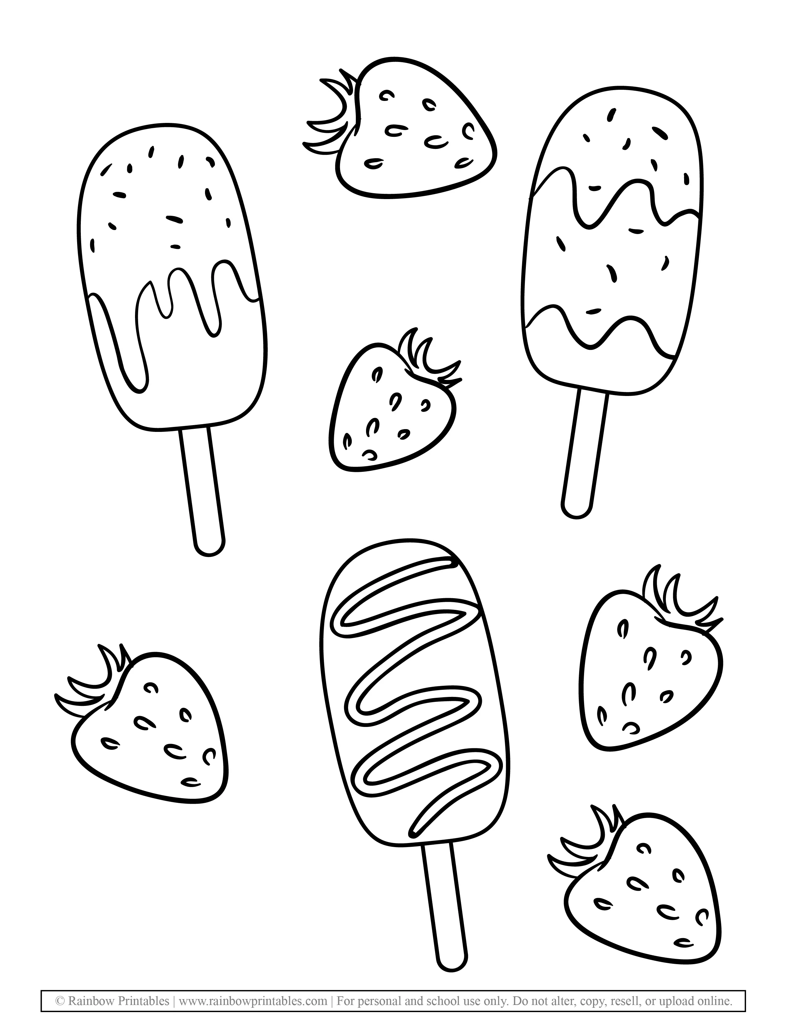 Fruit Strawberry Popsicle Flavor Ice Desserts Treat on Sticks Coloring Pages for Kids