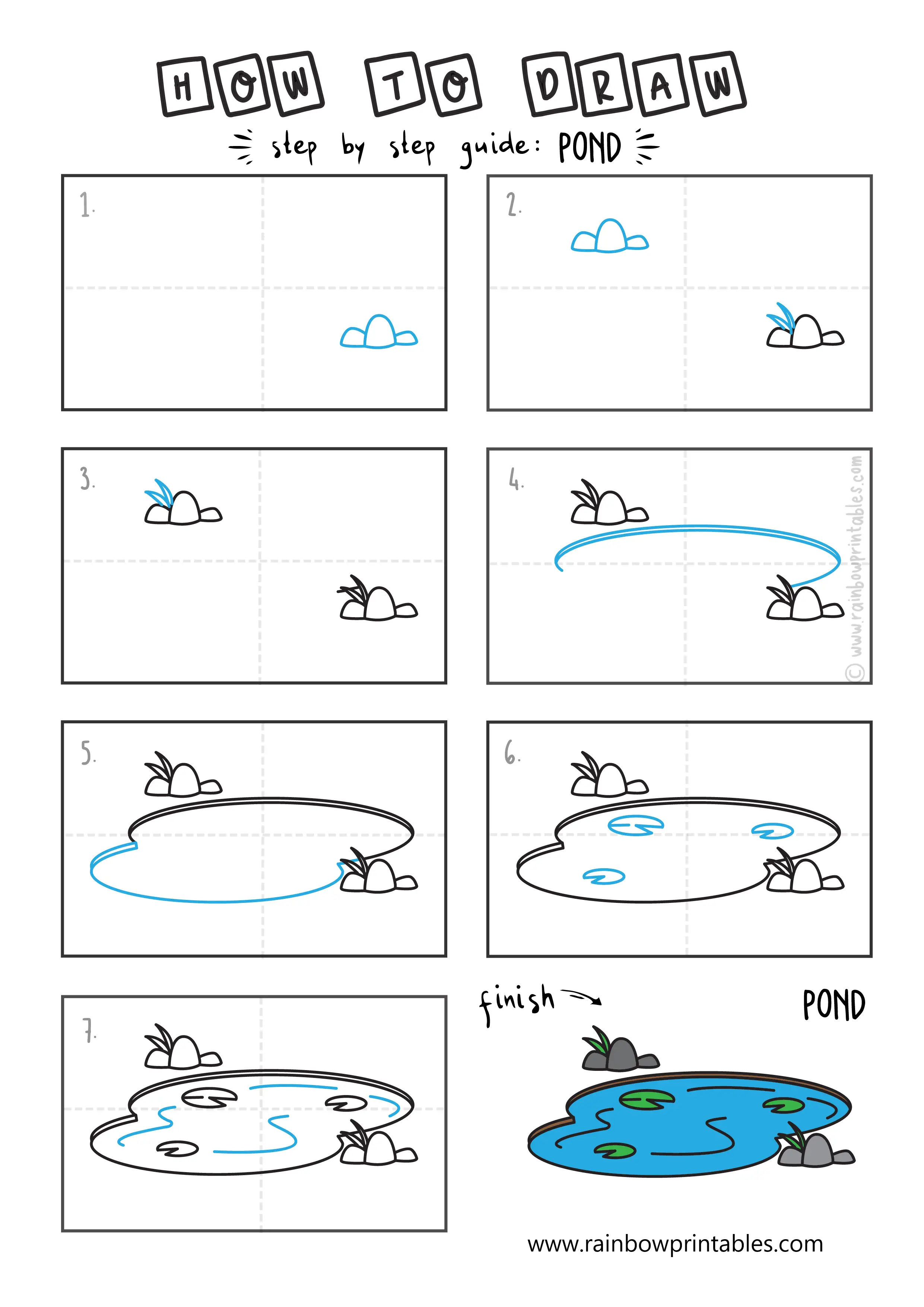 HOW TO DRAW A BLUE POND LAKE WATER SCENE ILLUSTRATION STEP BY STEP EASY SIMPLE FOR KIDS