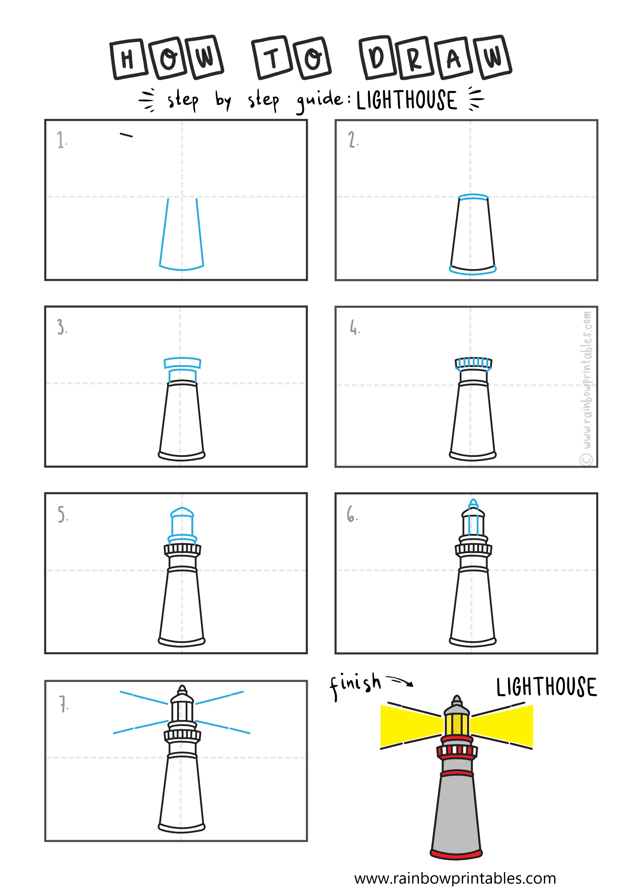 HOW TO DRAW A LIGHTHOUSE BEACH BUILDING ILLUSTRATION STEP BY STEP EASY SIMPLE FOR KIDS