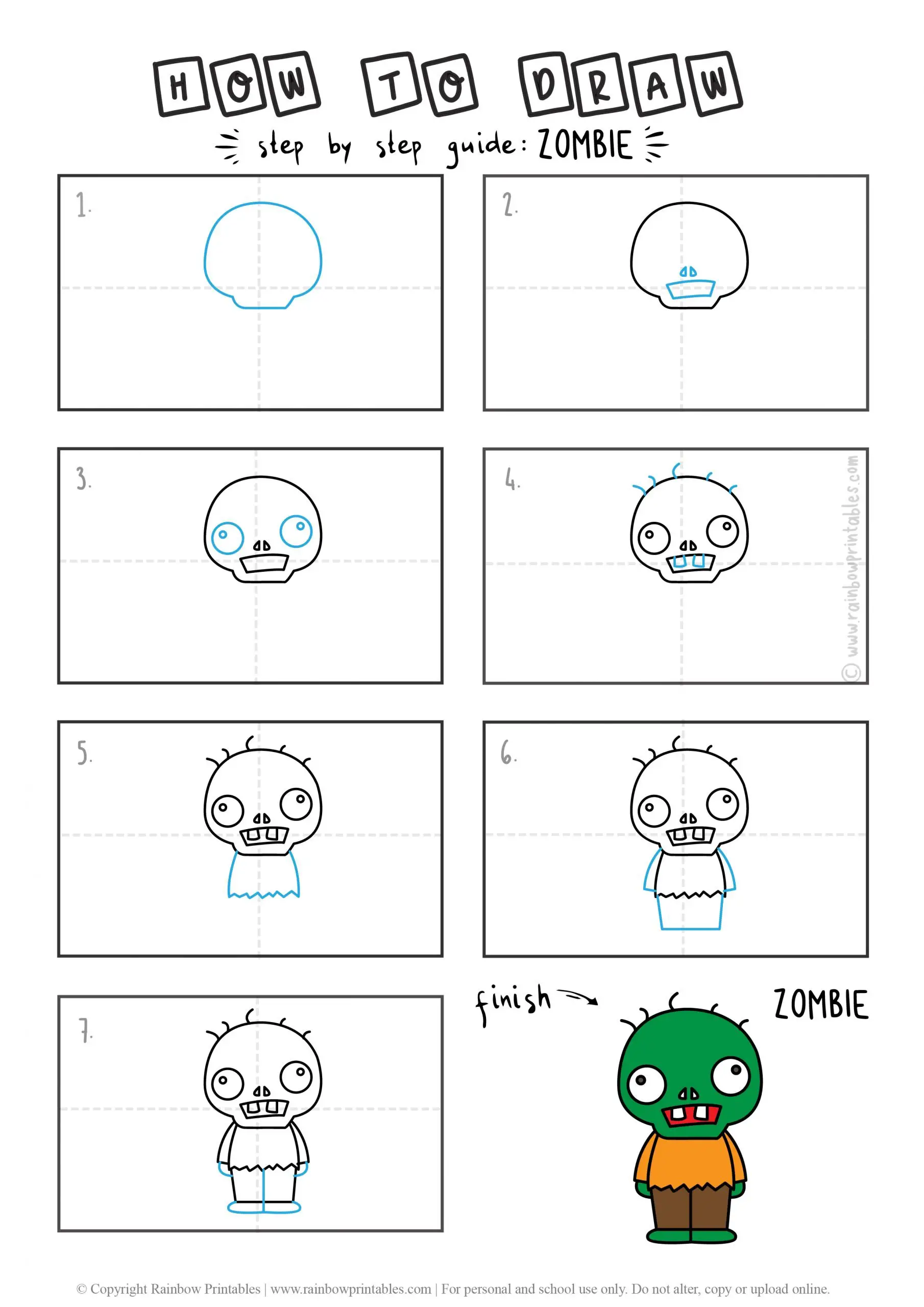 HOW TO DRAW A ZOMBIE UNDEAD HALLOWEEN MONSTER CUTE CARTOON GUIDE ILLUSTRATION STEP BY STEP EASY SIMPLE FOR KIDS