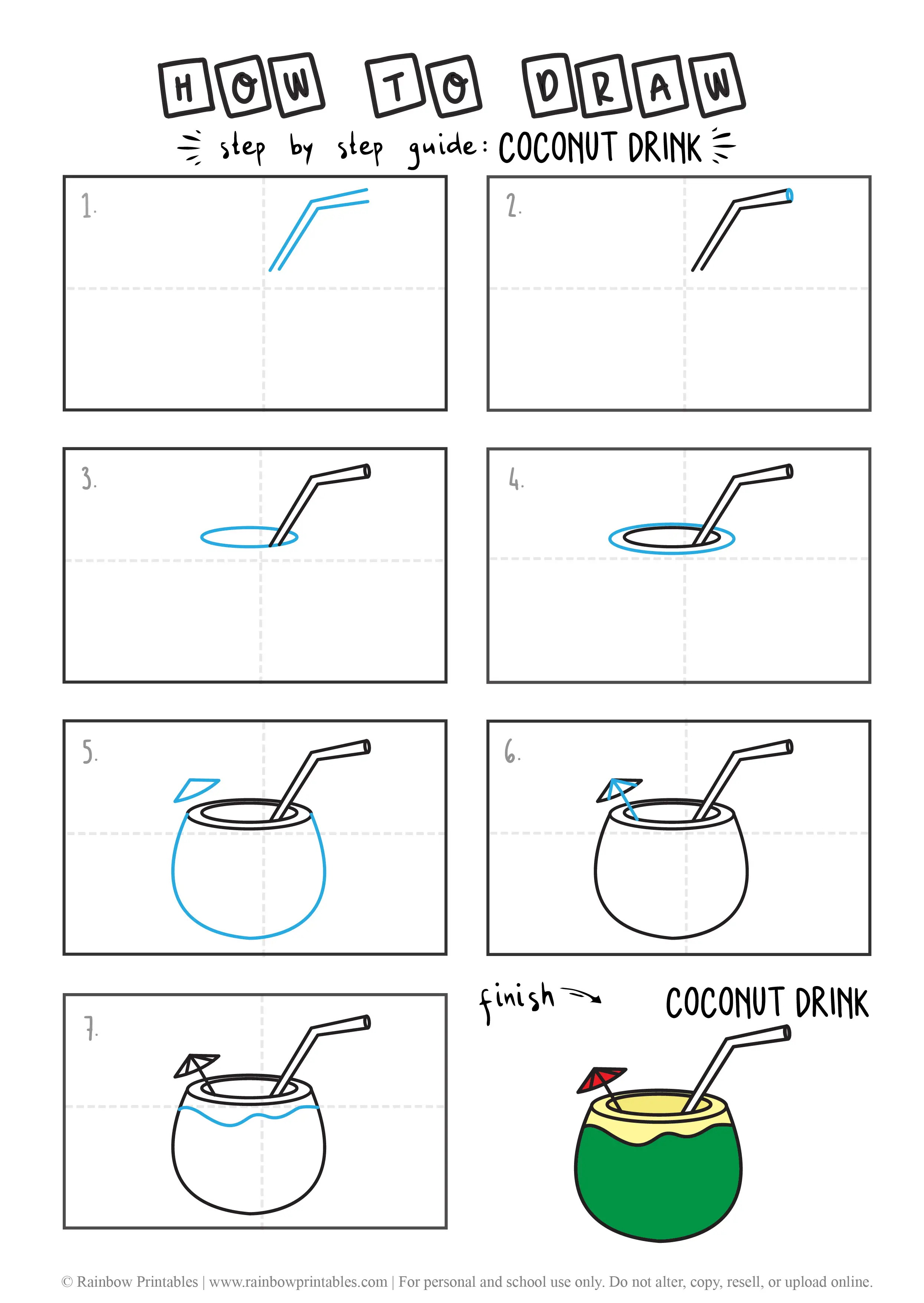 HOW TO DRAW COCONUT DRINK VACATION BEACH GUIDE ILLUSTRATION STEP BY STEP EASY SIMPLE FOR KIDS