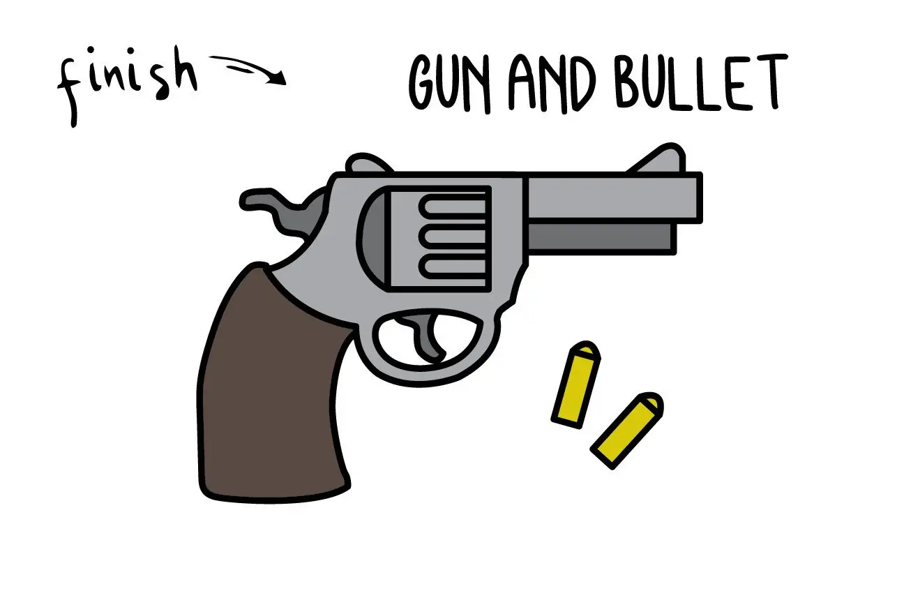 HOW TO DRAW GUN AND BULLETS ARMS WEAPON GUIDE ILLUSTRATION STEP BY STEP EASY SIMPLE FOR KIDS