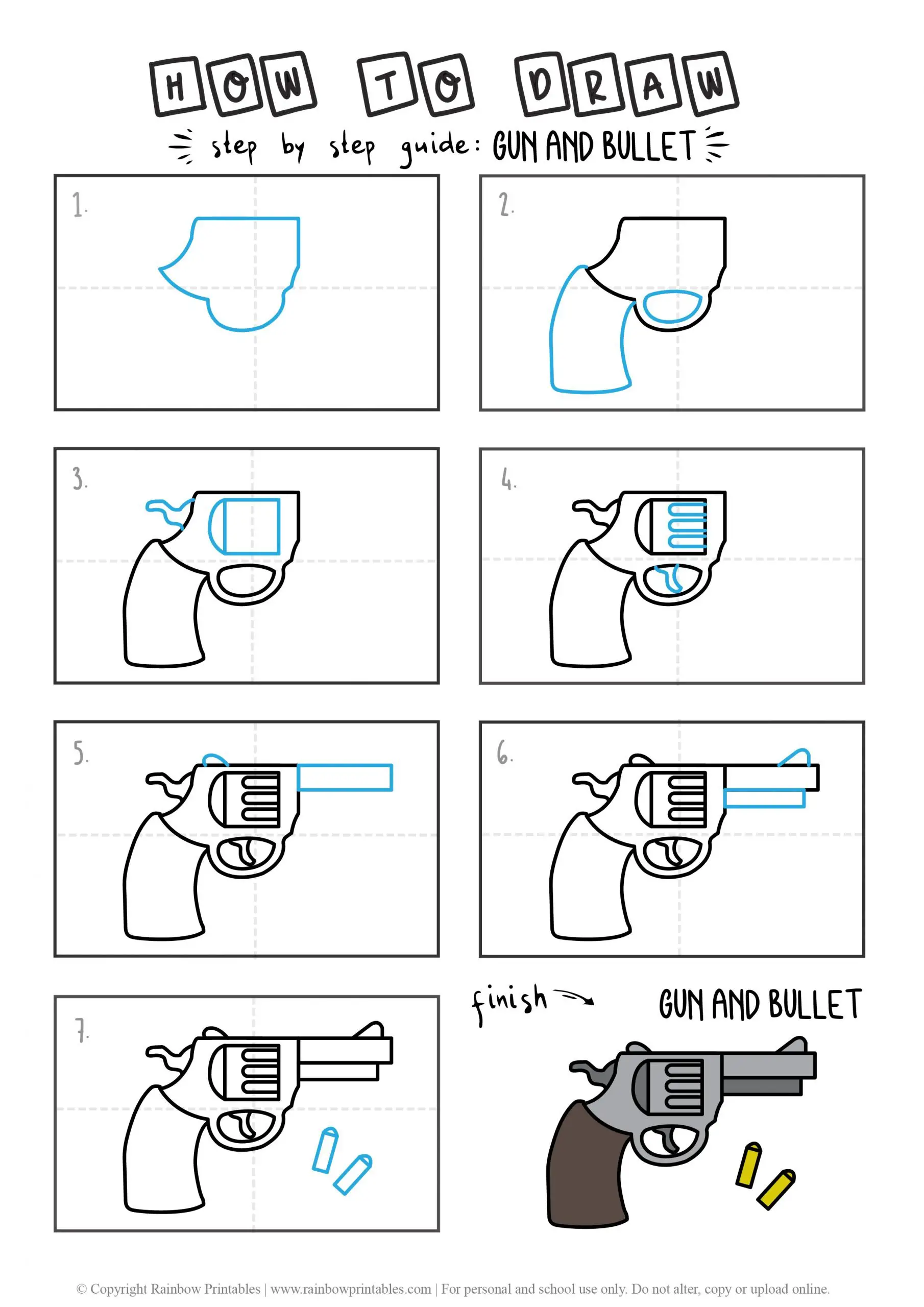 HOW TO DRAW GUN AND BULLETS ARMS WEAPON GUIDE ILLUSTRATION STEP BY STEP EASY SIMPLE FOR KIDS