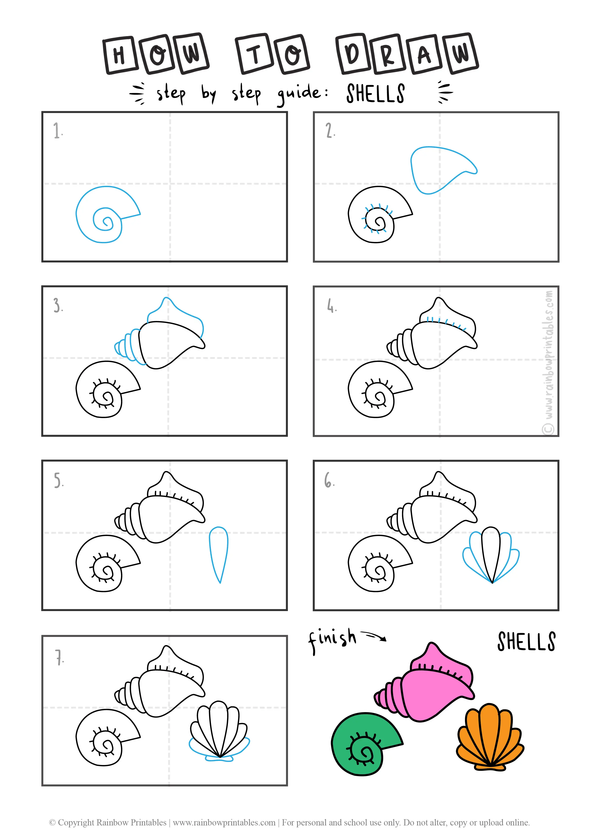 HOW TO DRAW PRETTY SEASHELLS BEACH SHELLS CLAMS CONCH GUIDE ILLUSTRATION STEP BY STEP EASY SIMPLE FOR KIDS