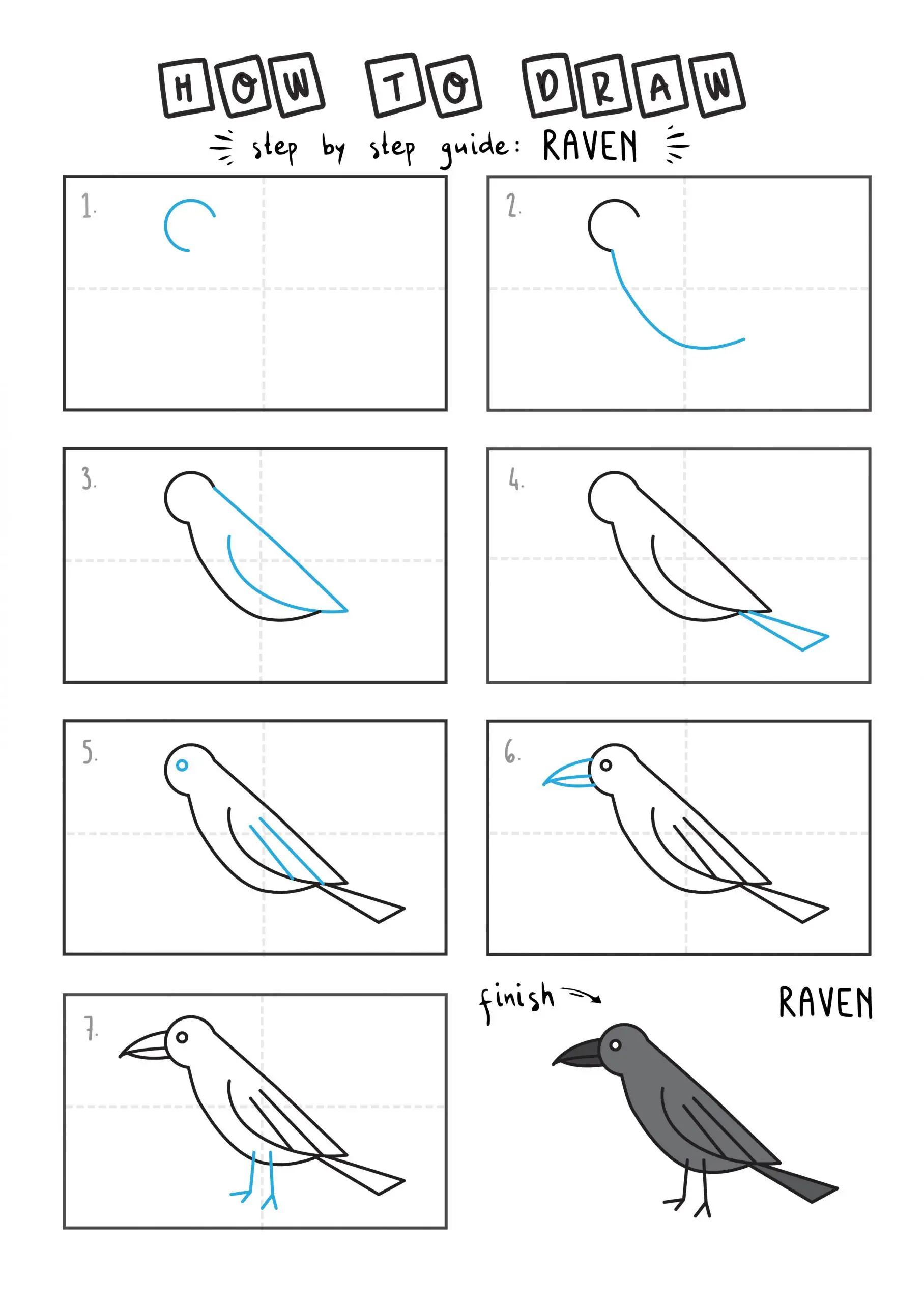 How To Draw RAVEN BLACK BIRD STEP By Step For Kids Easy Illustration Doodle Drawing GUIDE ANIMAL (2)