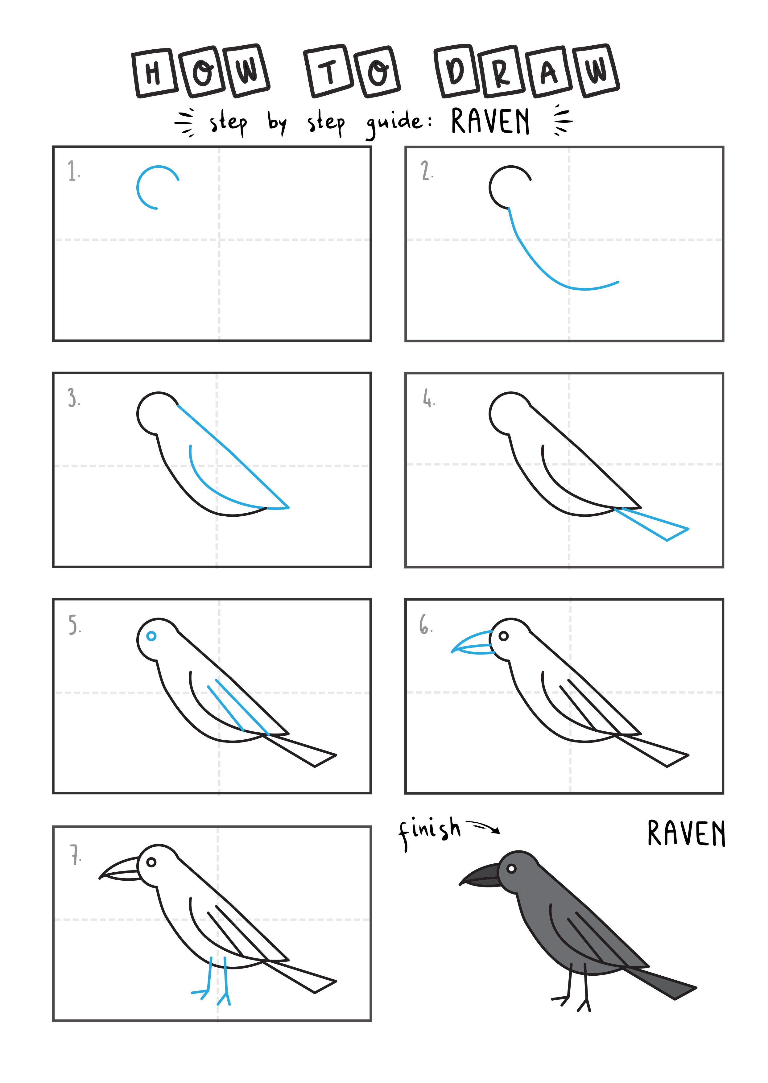 How To Draw a Black Raven (Bird) - Easy Tutorial for Kids - Rainbow