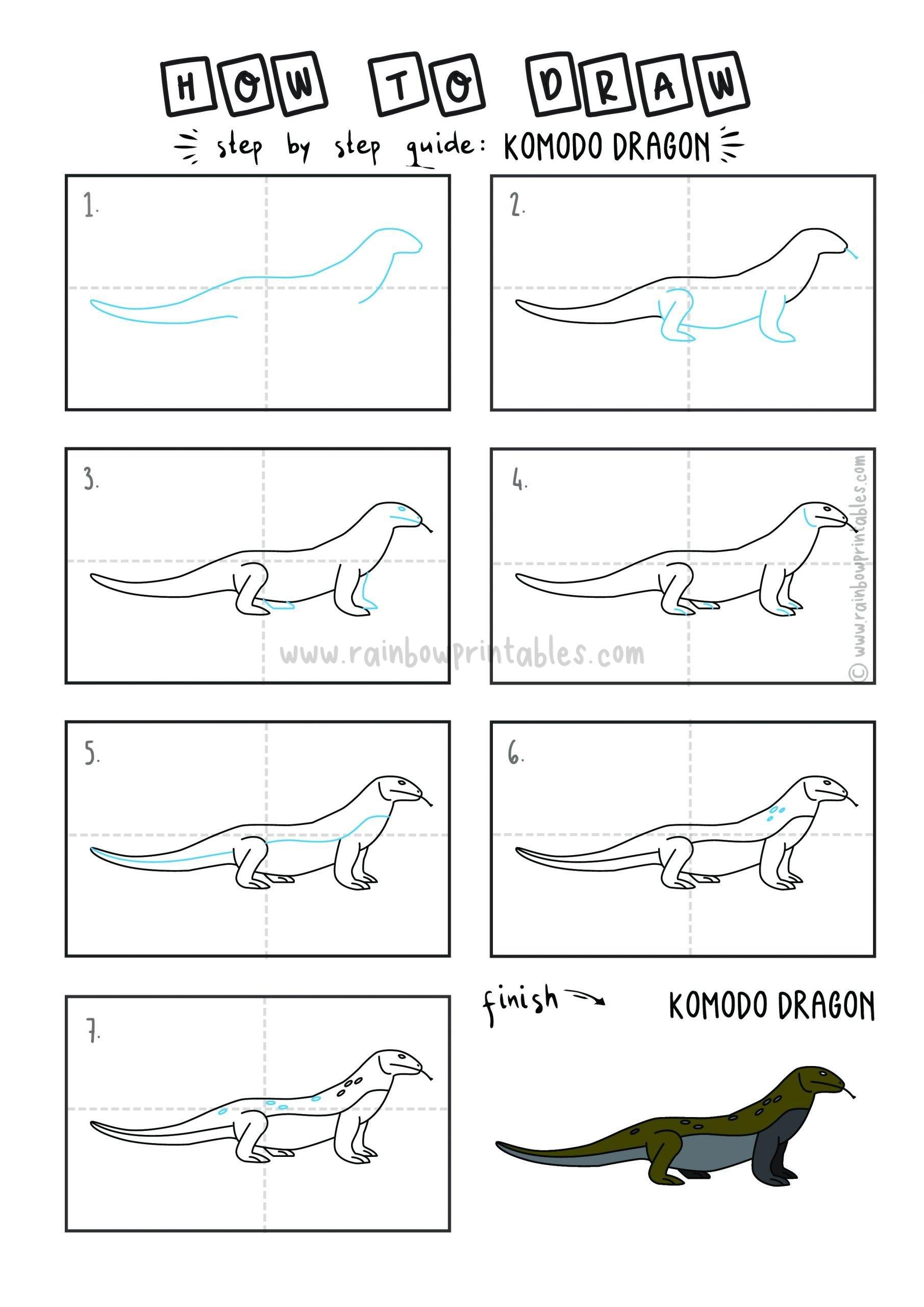 How To Draw Simple & Easy Komodo Dragon For Children Rainbow Printables