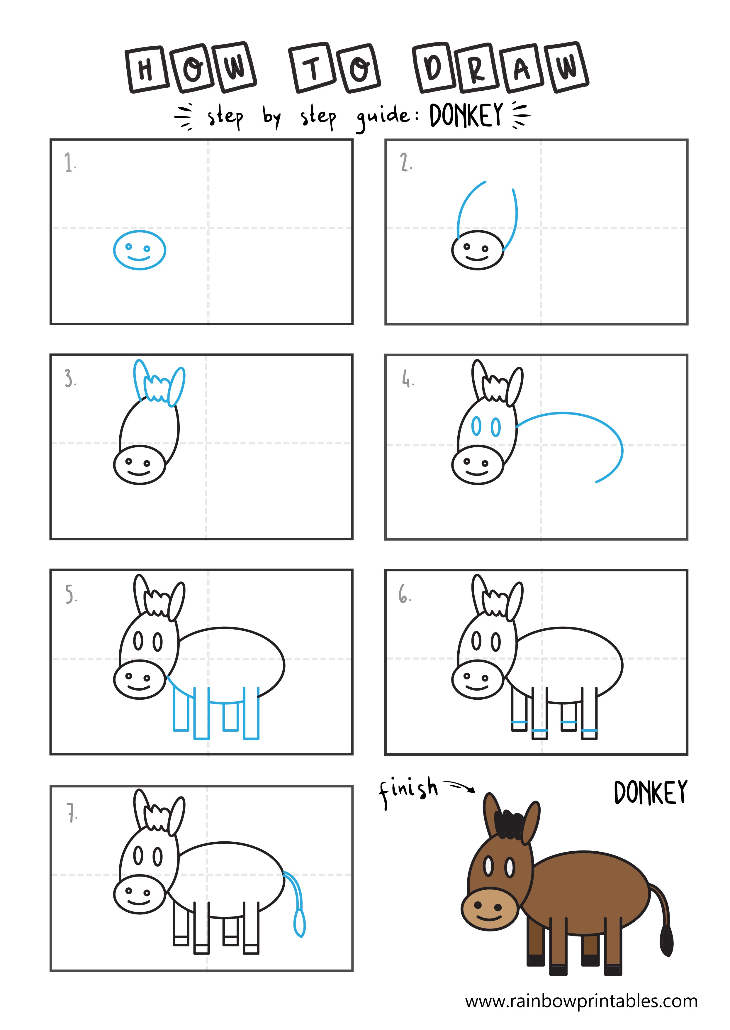 How To Draw a Donkey (Cute & Easy Step by Step Guide) - Rainbow Printables