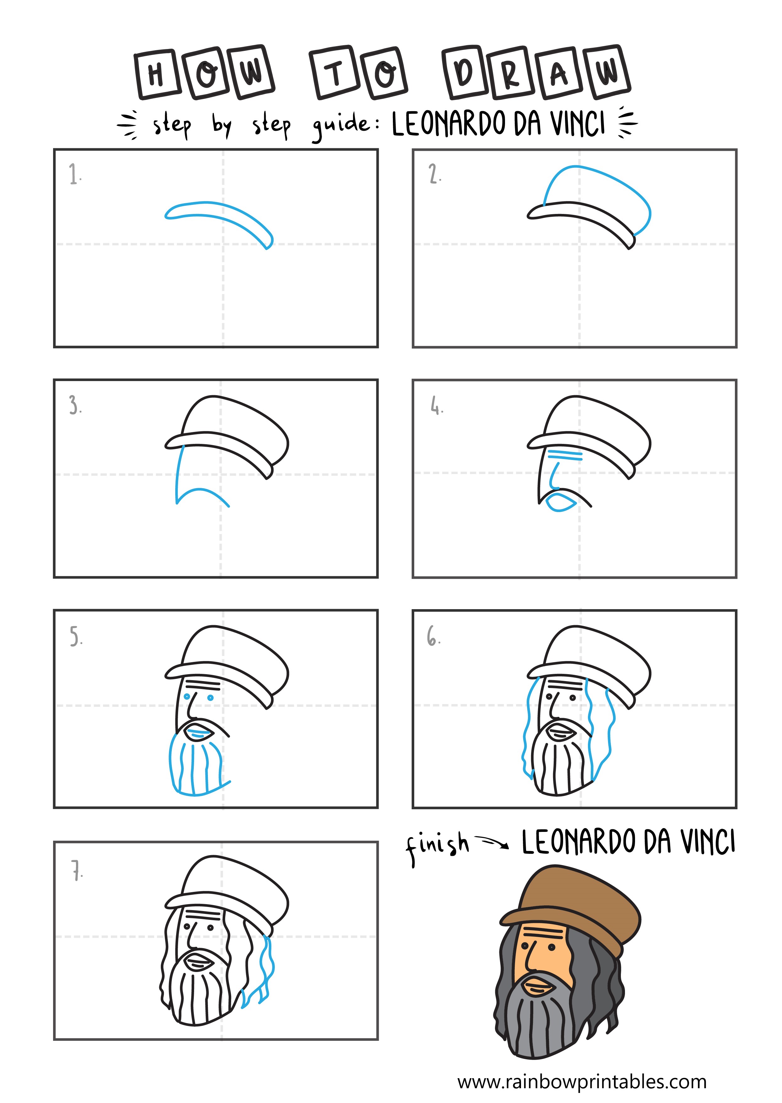 How To Draw Leonardo Da Vinci (Step By Step Guide for Kids) Rainbow