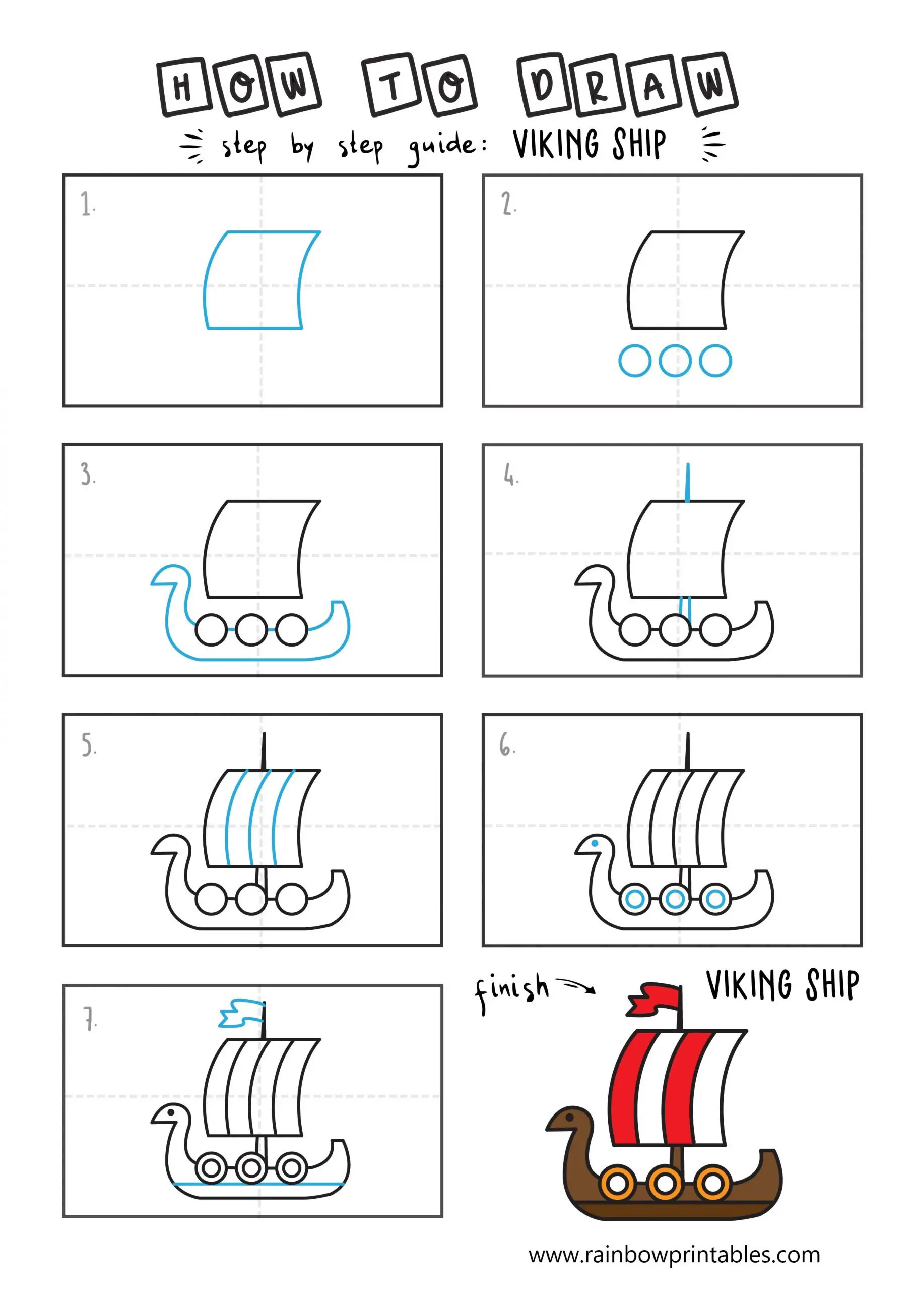 How To Draw a VIKING SHIP NORSE BOAT HISTORY Easy Step By Step For Kids Illustration Art Ideas