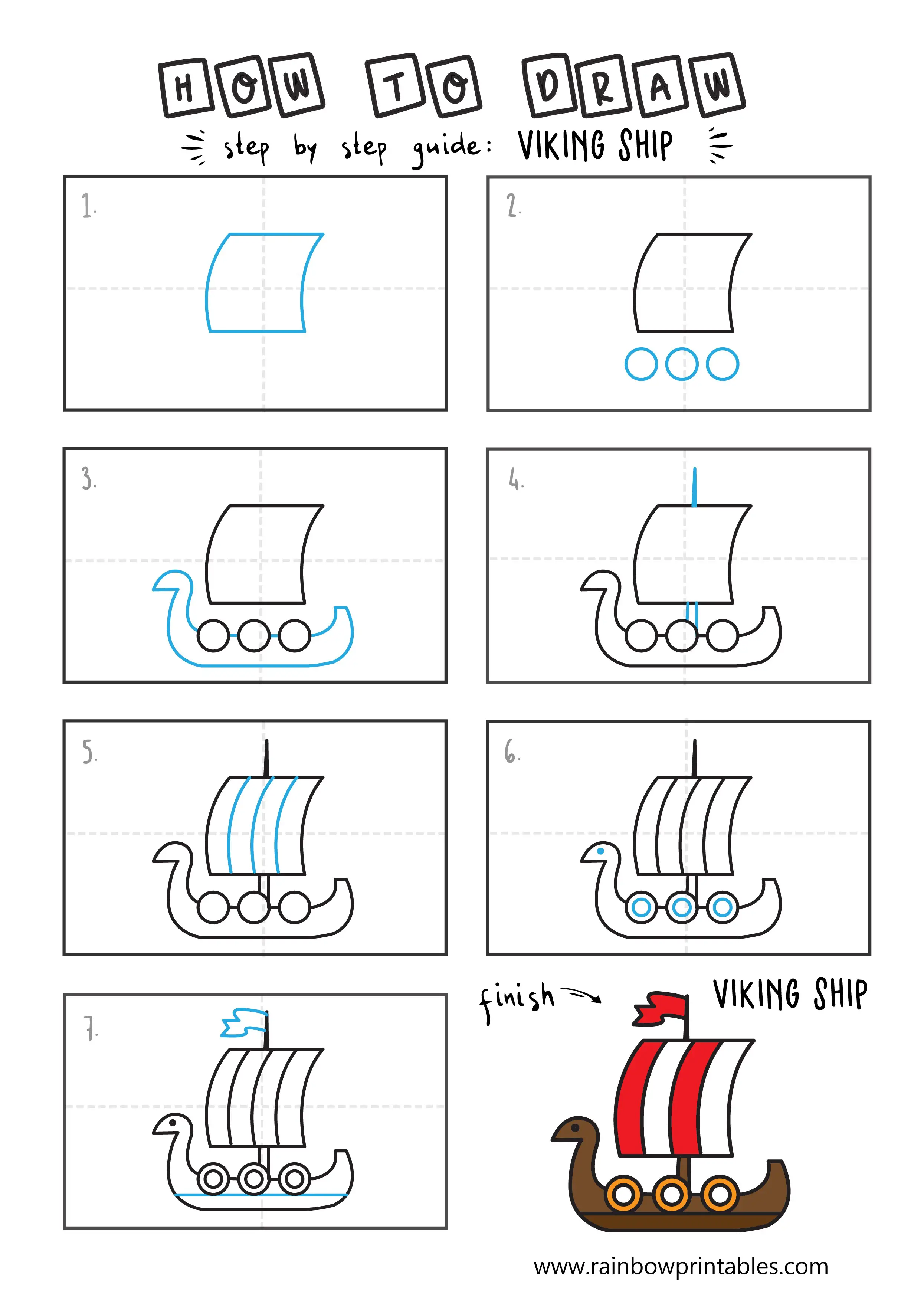 How To Draw a Cartoon Viking Boat (Longship) Rainbow Printables