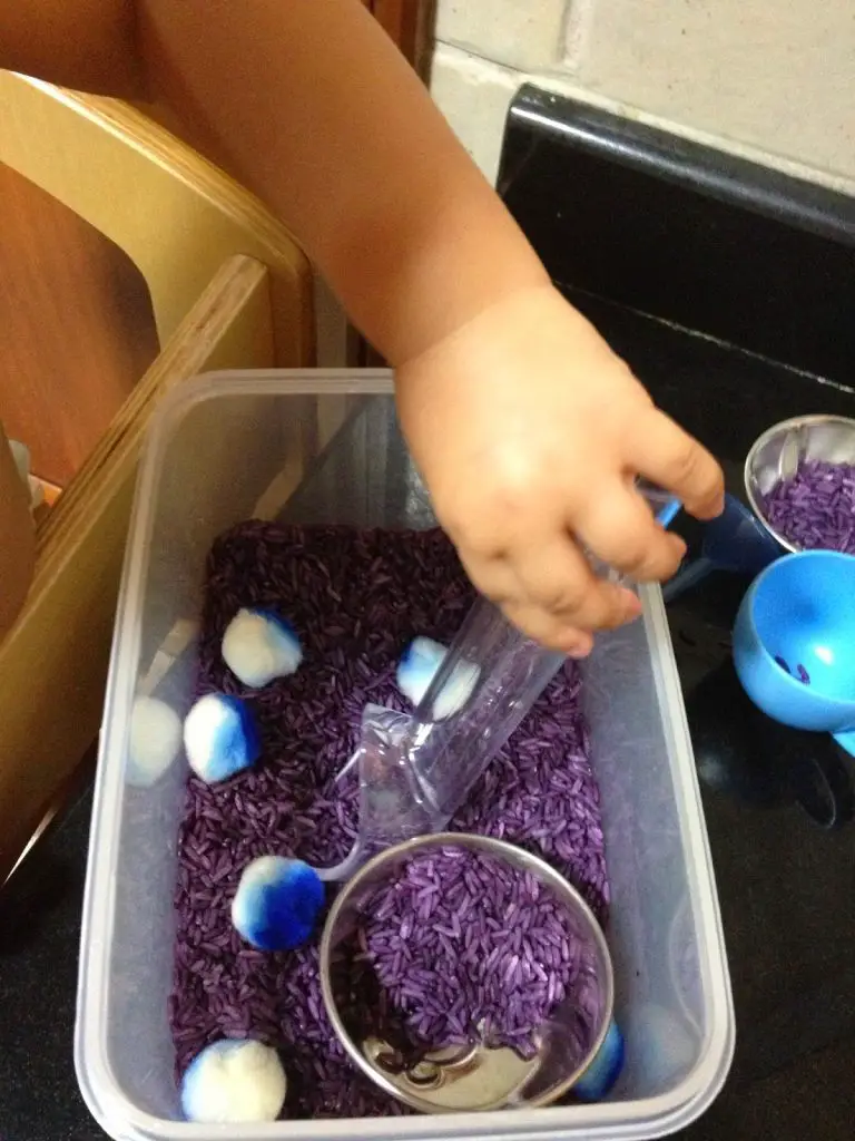 lavender rice sensory play