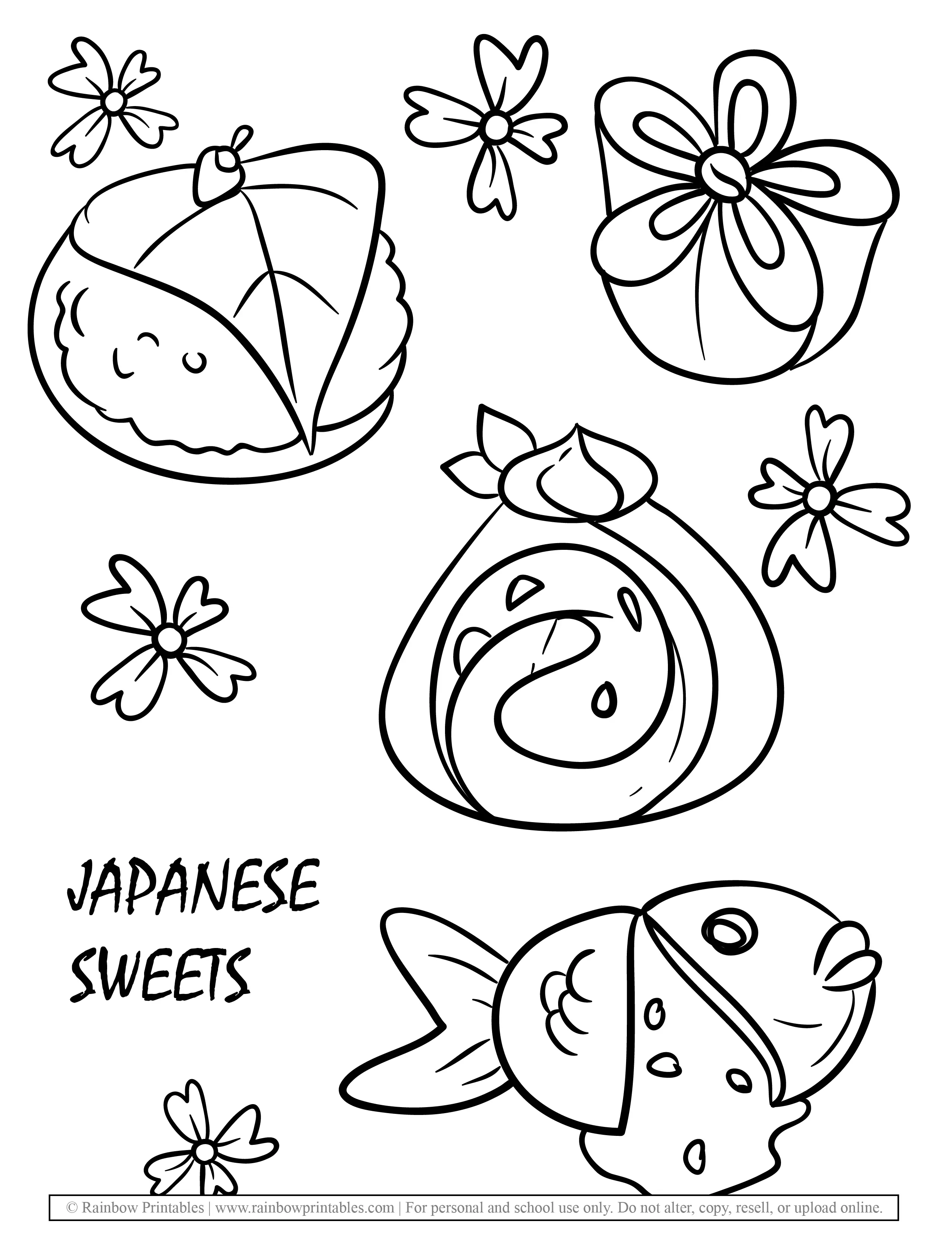 Japanese Sweets Taiyaki Dessert Yummy Coloring Pages for Kids Mochi