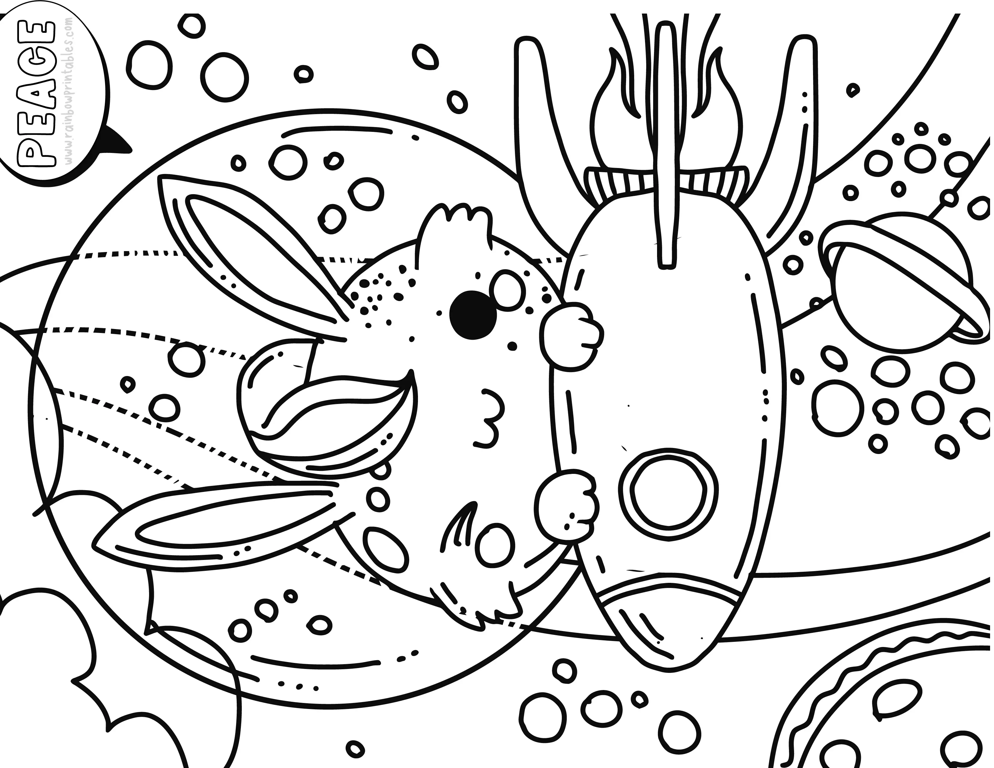 Peace Out Rabbit in Rocketship Space Galaxy Planet Outer space Moon Coloring Page