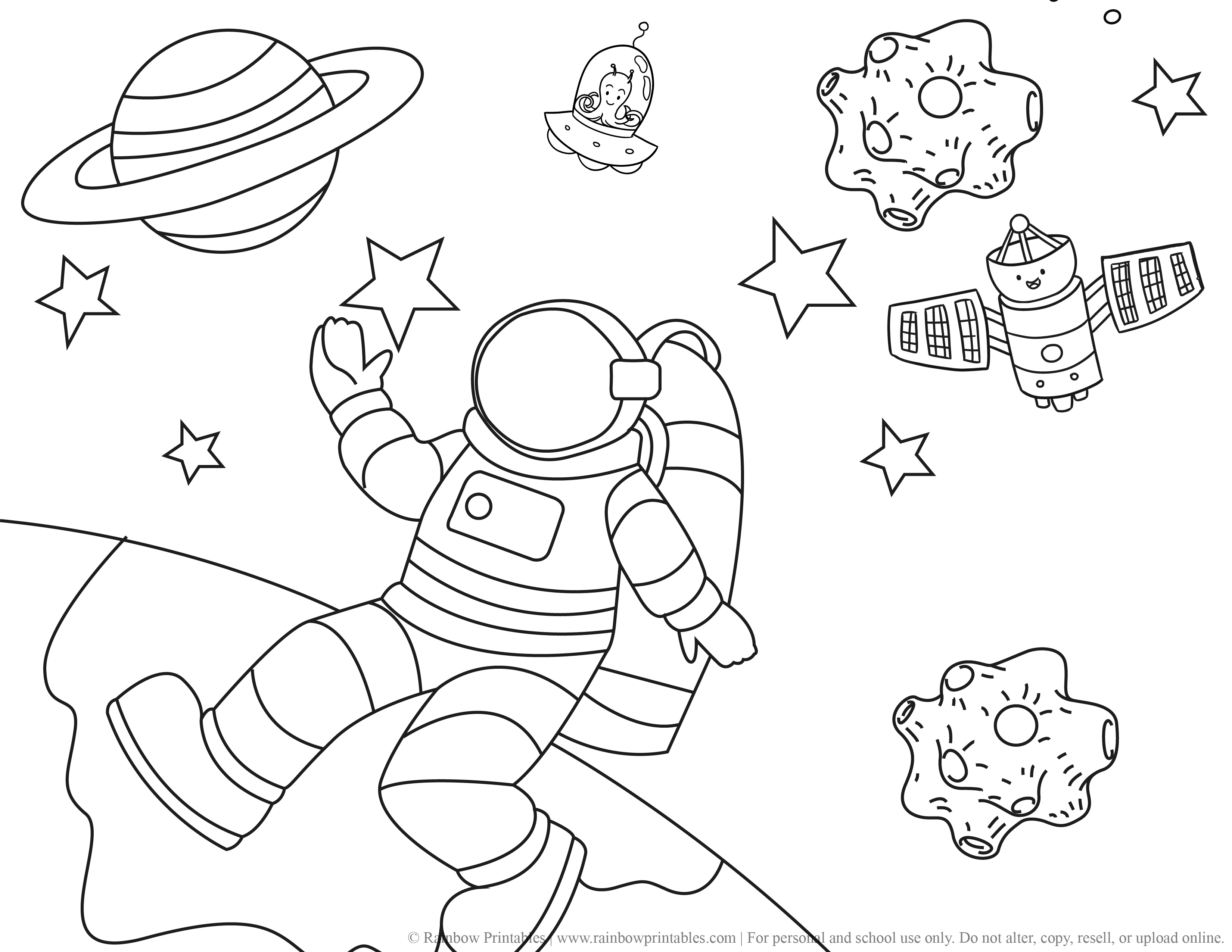 Rocket ship Space Galaxy Planet Outer space Astronaut Moon Coloring Page Satellite Meteor 2 Saturn