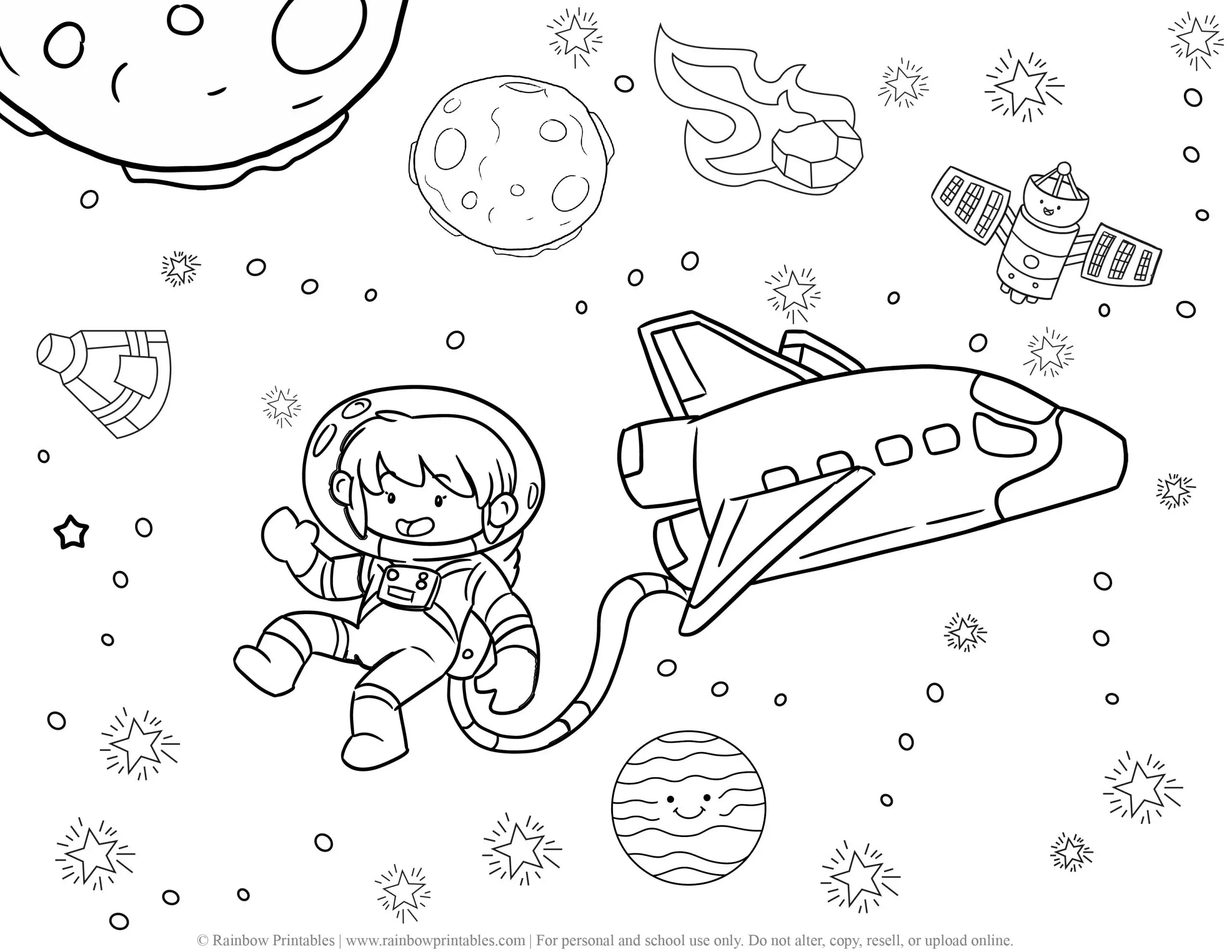 Rocket ship Space Galaxy Planet Outer space Astronaut Moon Coloring Page Satellite Meteor
