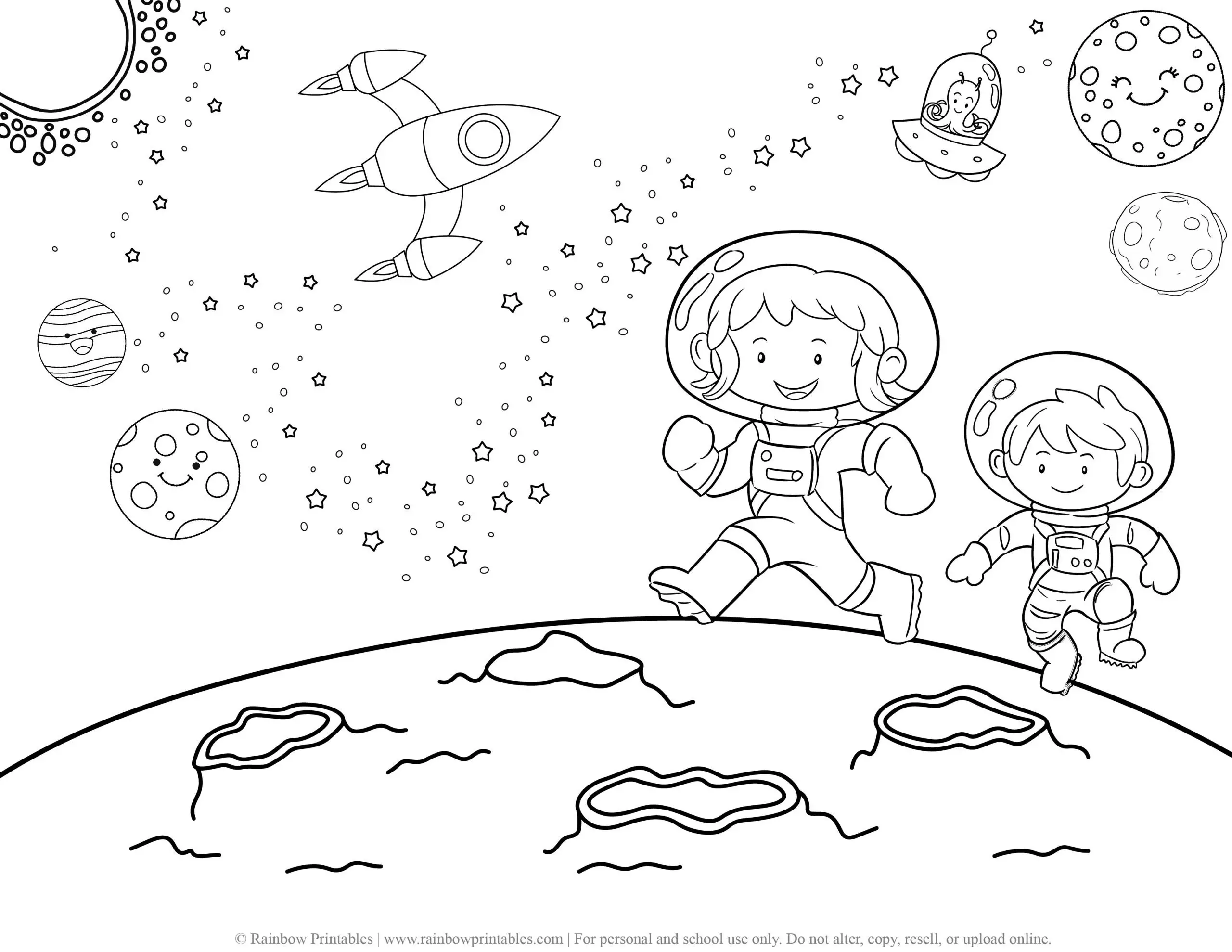 Rocketship Space Galaxy Planet Outerspace Astronaut Moon Coloring Page