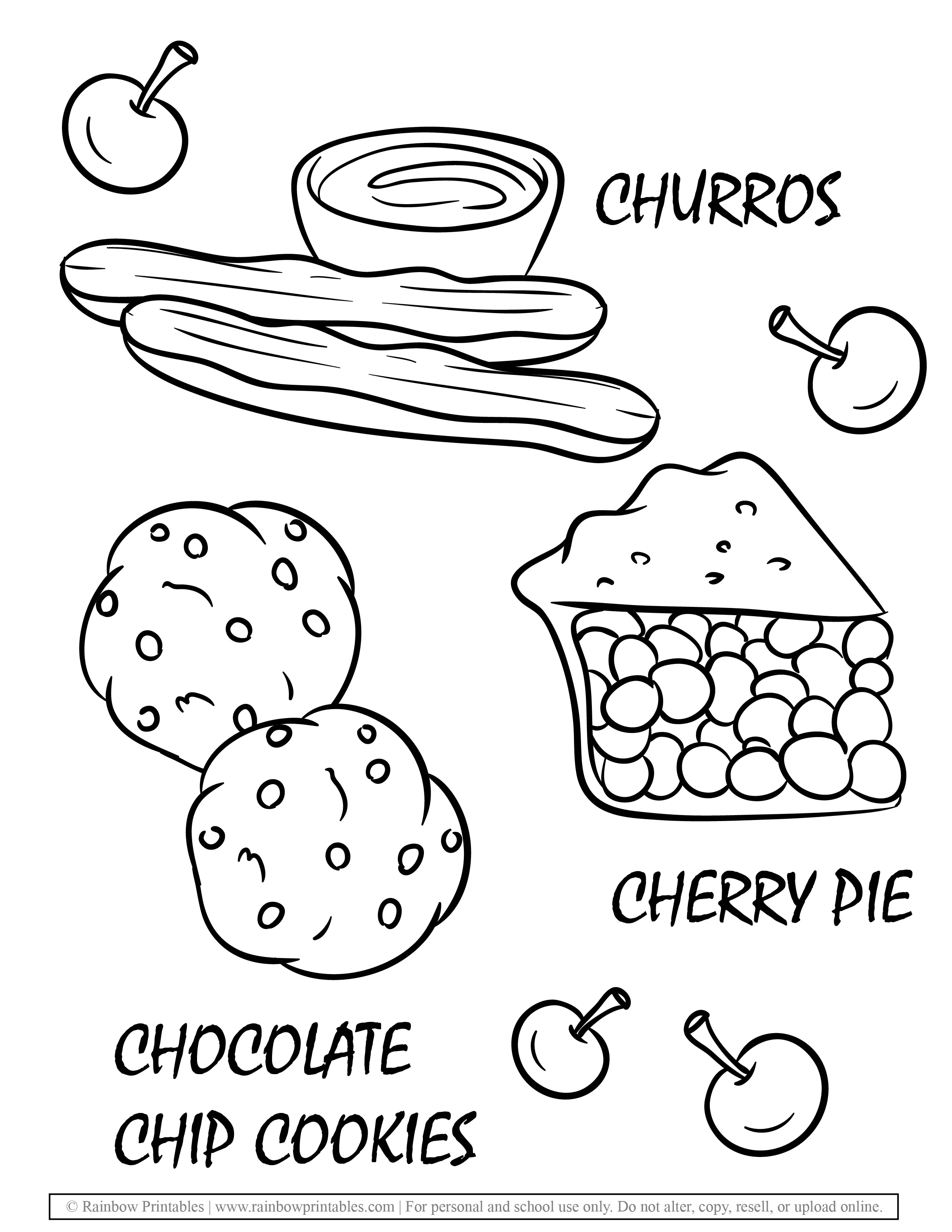 SNACK FOODS CHURROS CHOCOLATE CHIP COOKIES CHERRY PIE Dessert Coloring Pages for Kids Yummy
