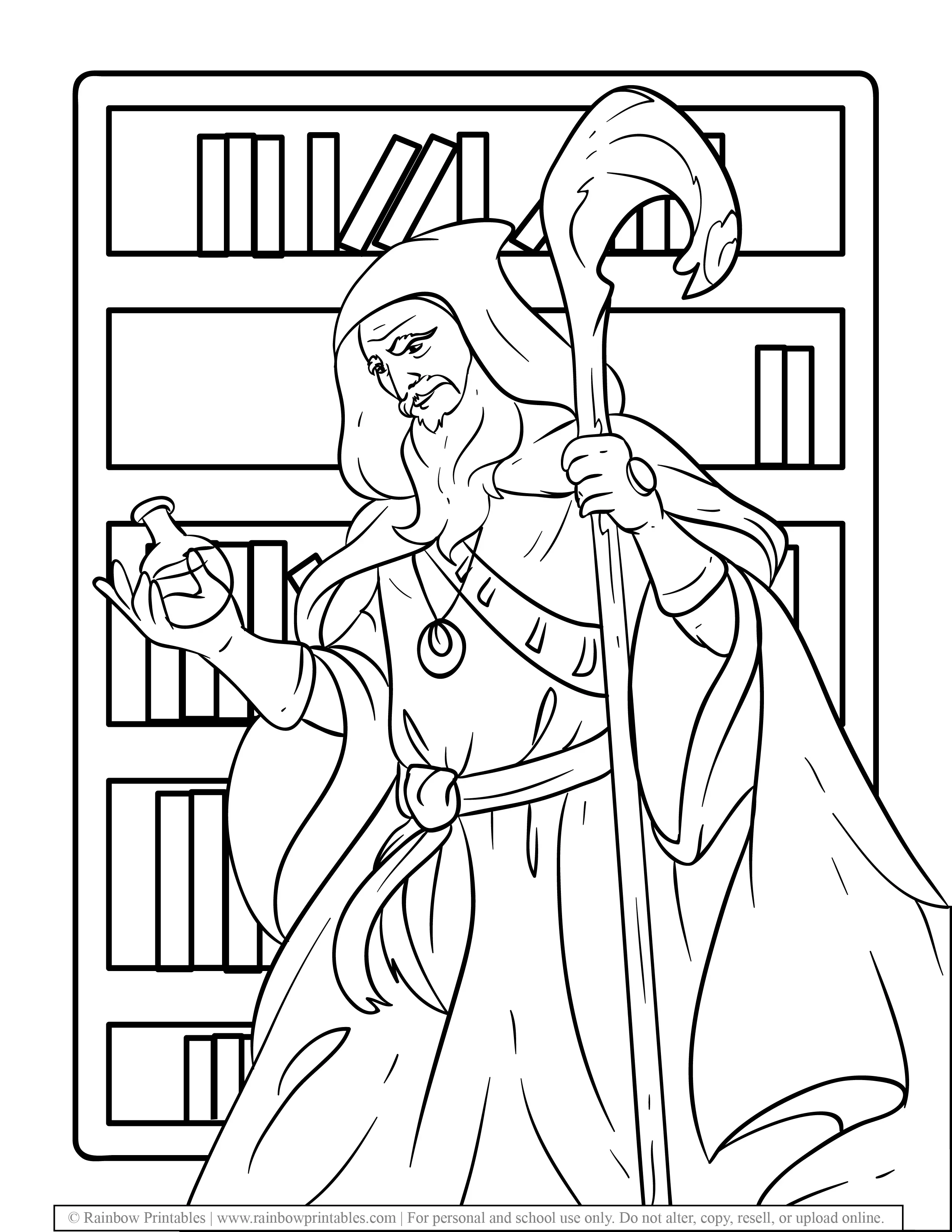 Smart Old Wizard Holding Potion Bookcase With Staff and Beard Cloak Robe Mythological Coloring Pages for Kids Fantasy