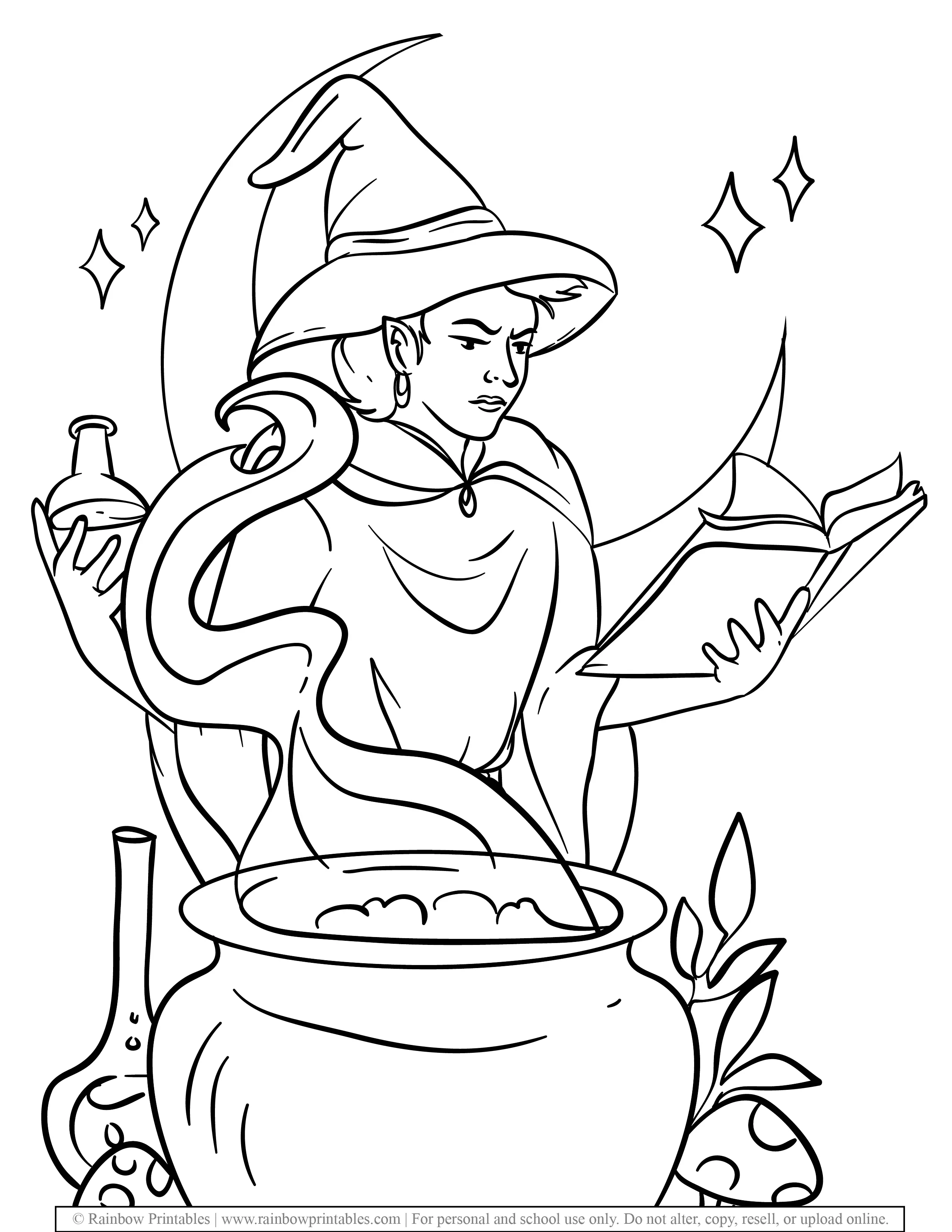 Smart Young Wizard Holding Potion Cauldron Young Pot Reading recipes Wizard Hat Cloak Robe Halloween Coloring Pages for Kids Fantasy